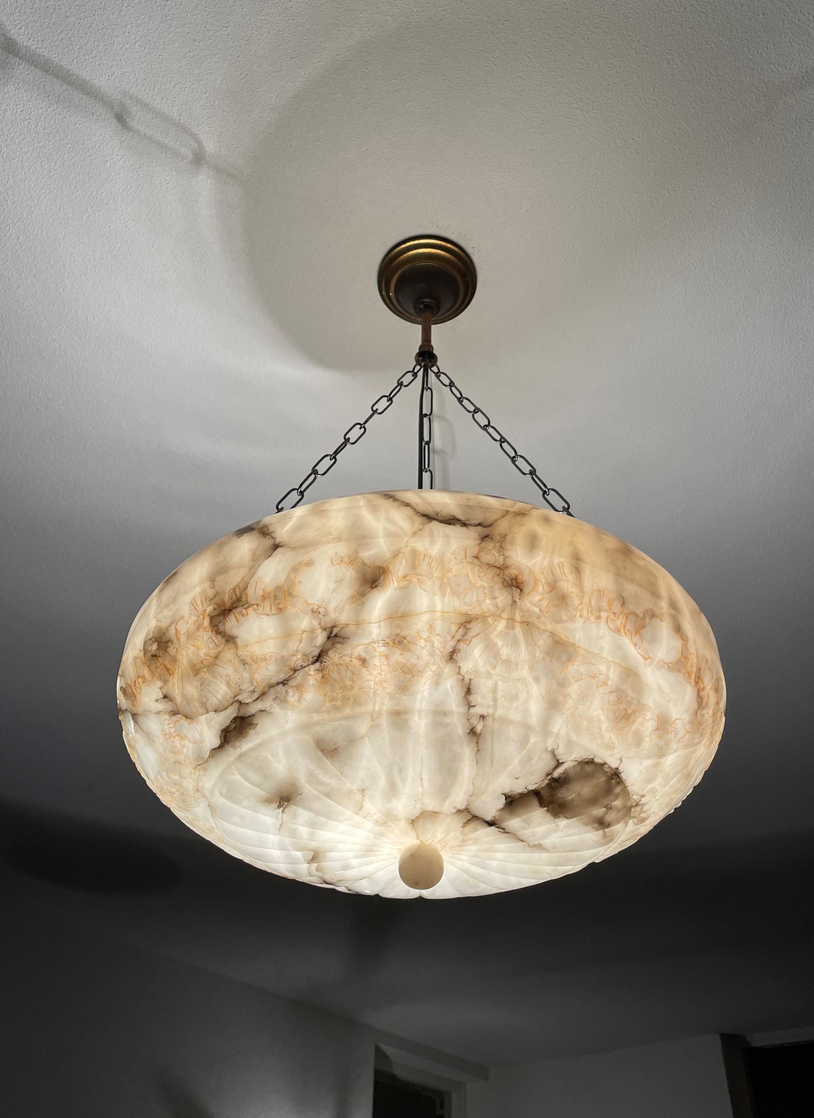 Large Hand Carved Antique Alabaster Pendant Chandelier Top Quality Fixture, 1910 In Good Condition In Lisse, NL