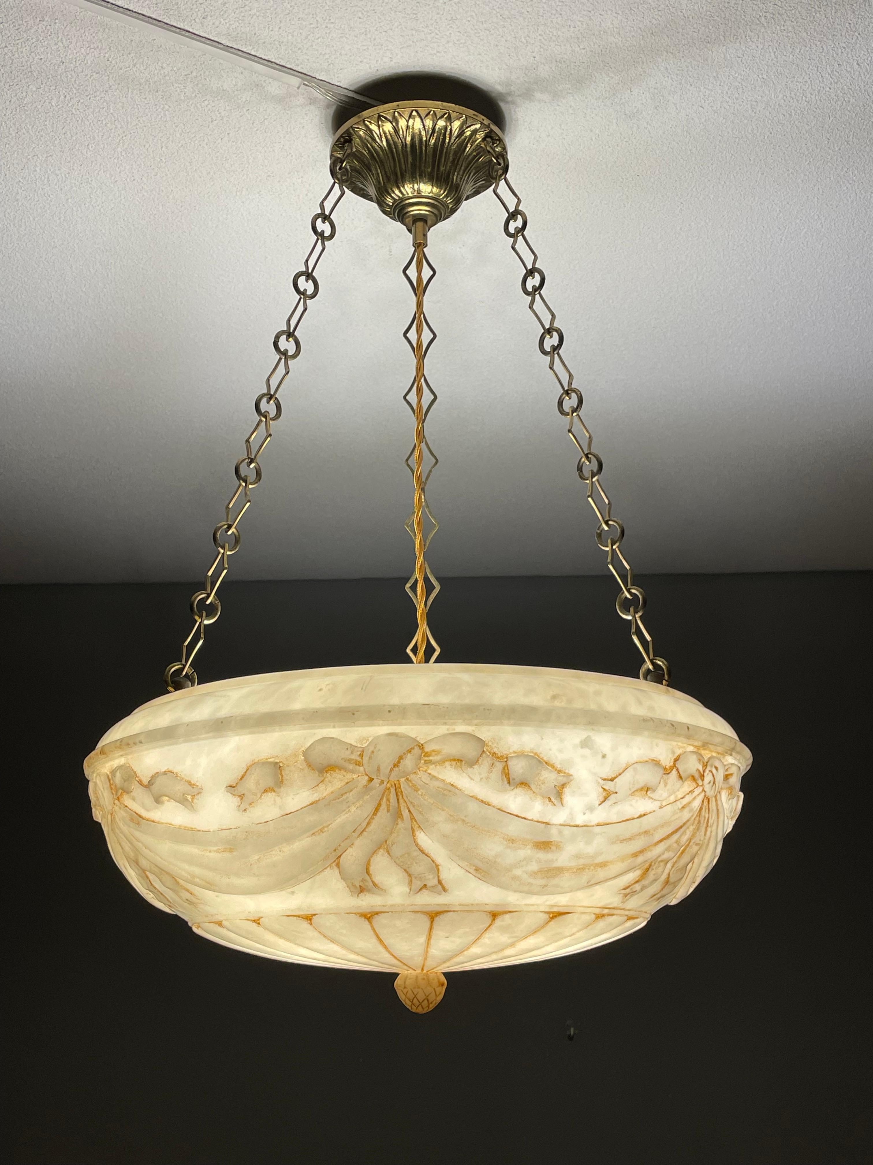 Large Hand Carved Antique Alabaster w. Bronze Canopy & Brass Chain Chandelier 4