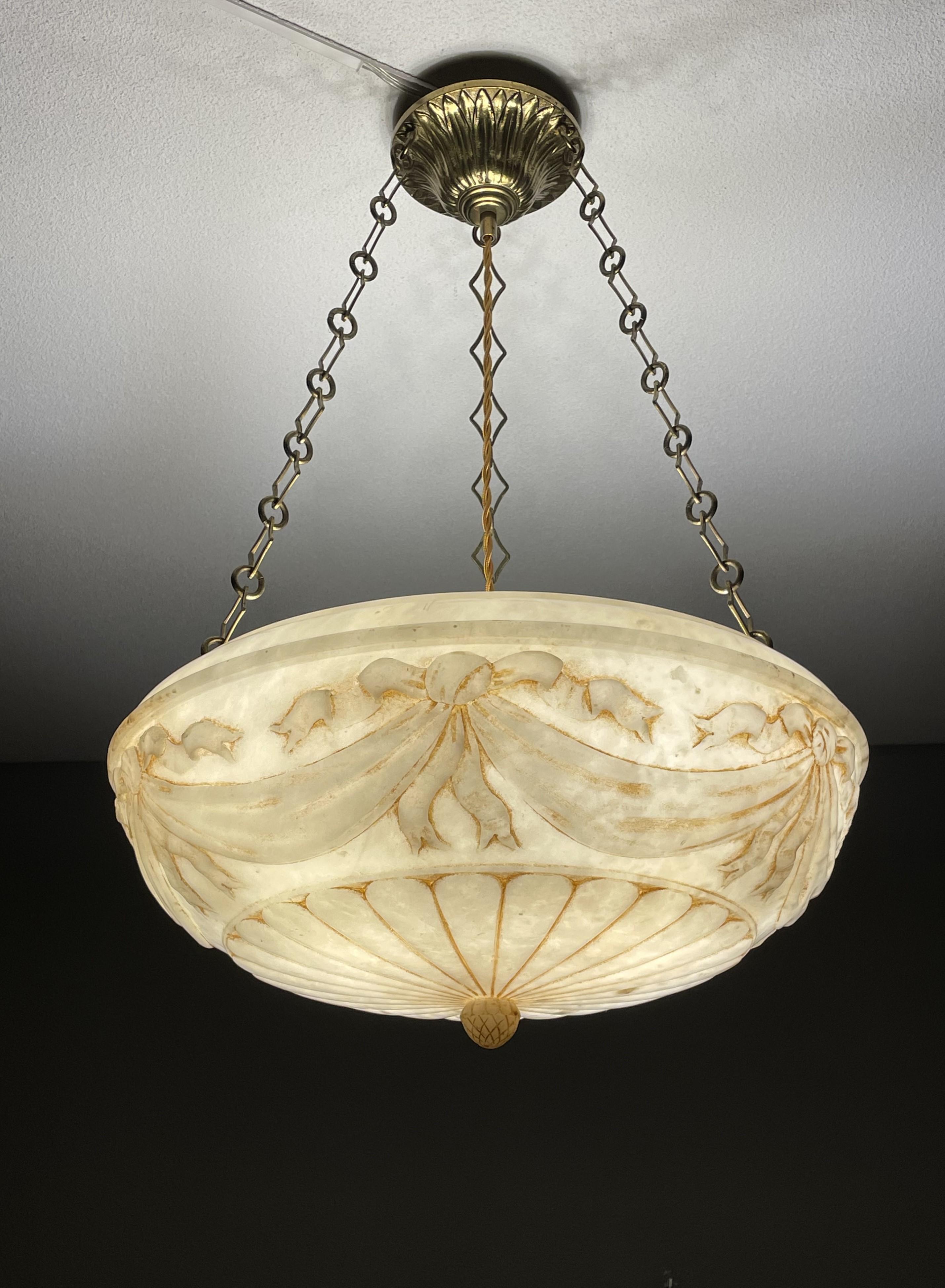 Large Hand Carved Antique Alabaster w. Bronze Canopy & Brass Chain Chandelier 5