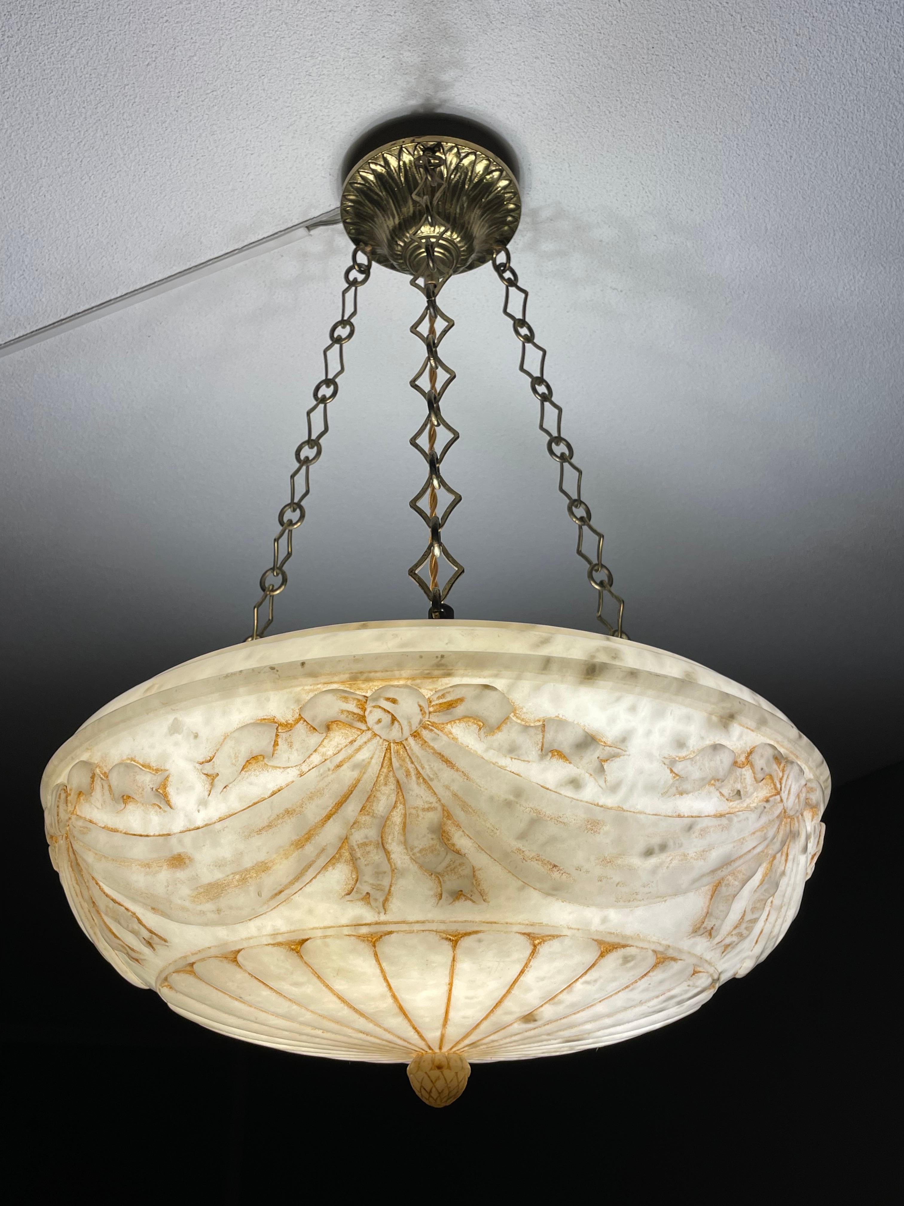 Large Hand Carved Antique Alabaster w. Bronze Canopy & Brass Chain Chandelier 6