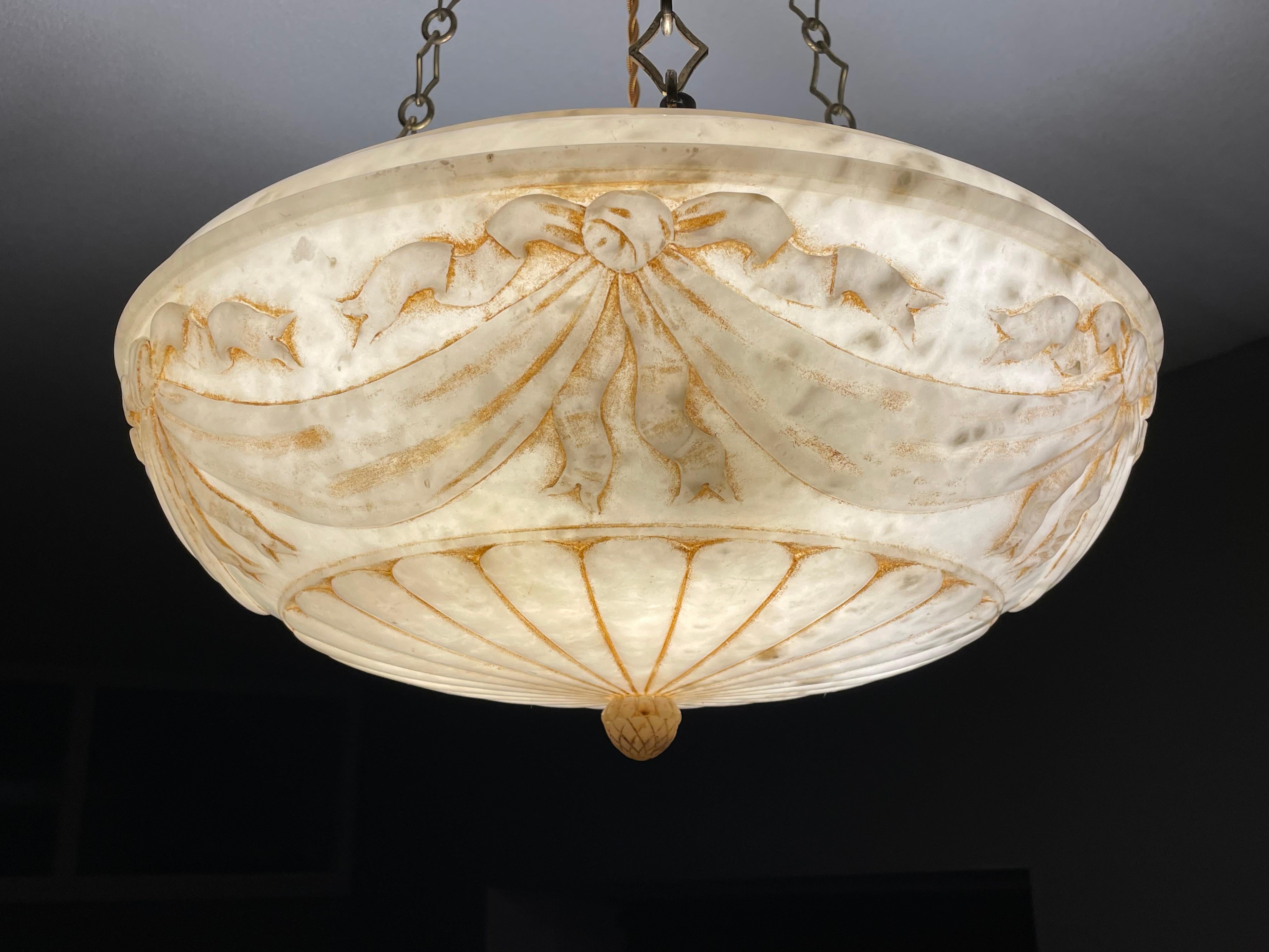 Large Hand Carved Antique Alabaster w. Bronze Canopy & Brass Chain Chandelier 7