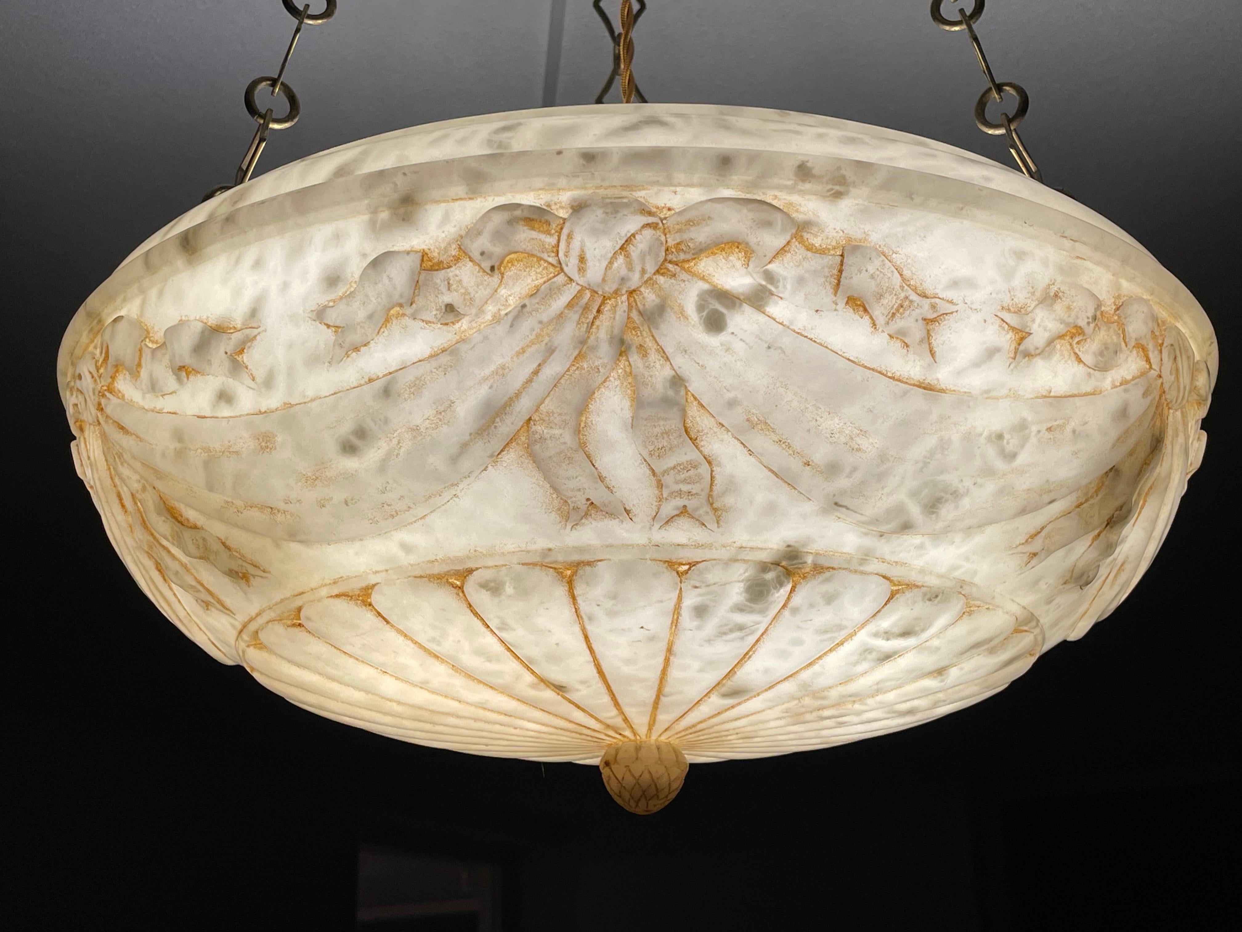 Large Hand Carved Antique Alabaster w. Bronze Canopy & Brass Chain Chandelier 8
