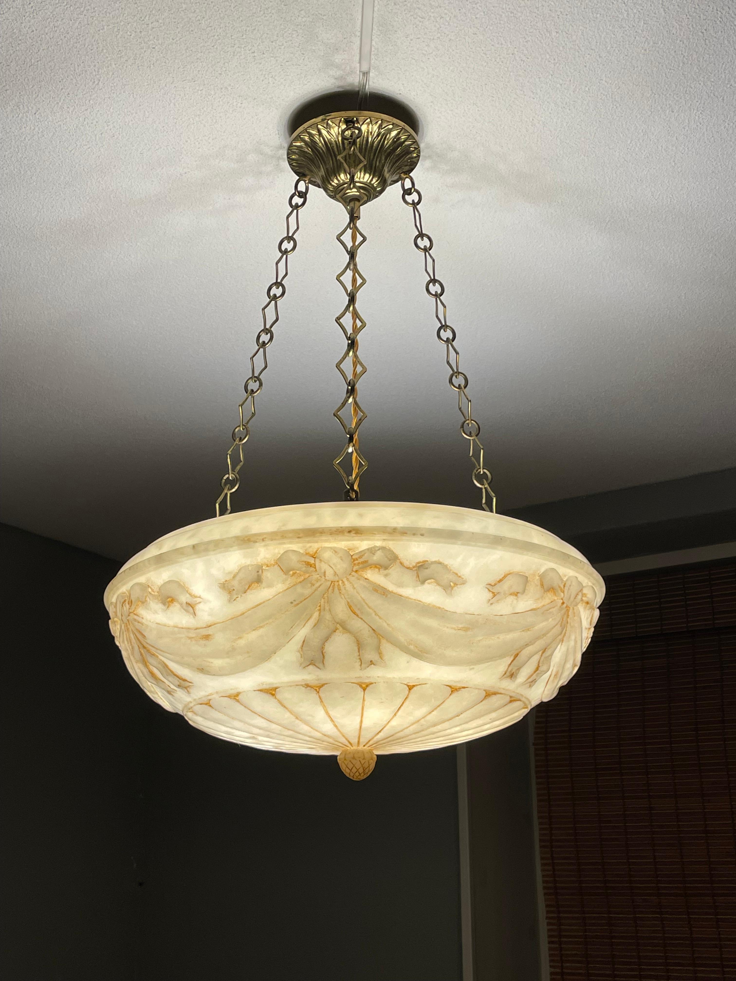 Large Hand Carved Antique Alabaster w. Bronze Canopy & Brass Chain Chandelier 10