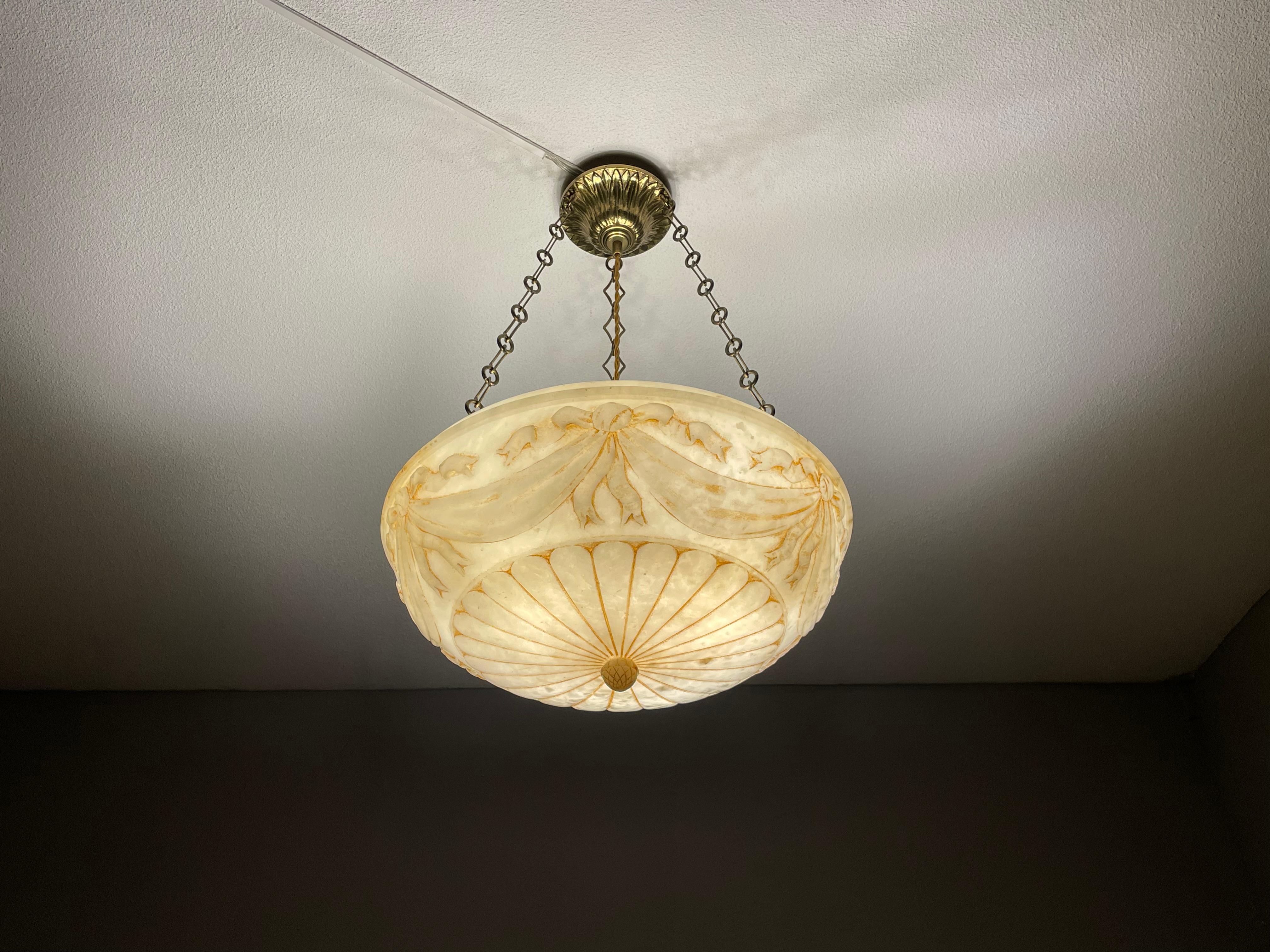 Large Hand Carved Antique Alabaster w. Bronze Canopy & Brass Chain Chandelier 11