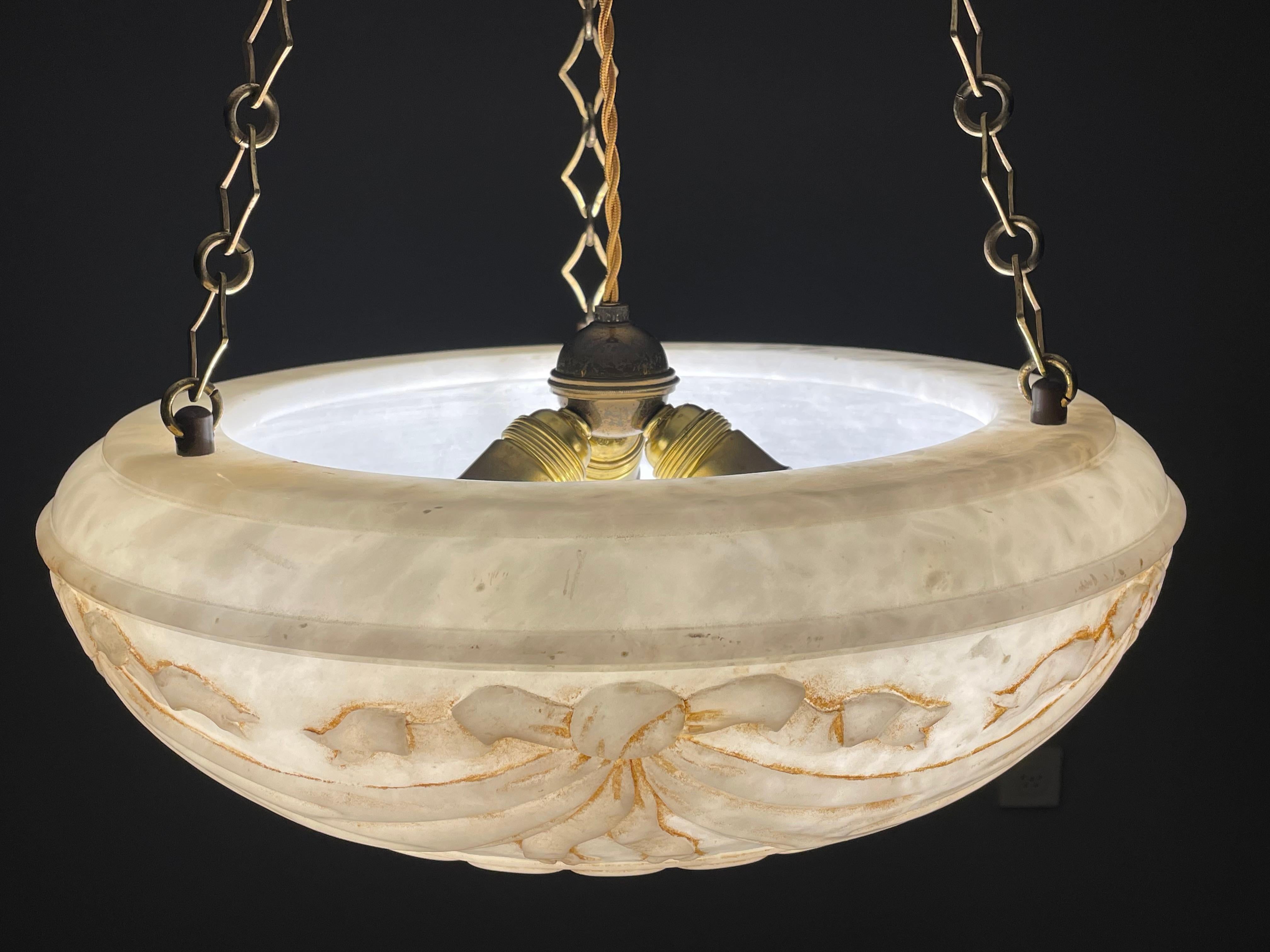 Large Hand Carved Antique Alabaster w. Bronze Canopy & Brass Chain Chandelier 12