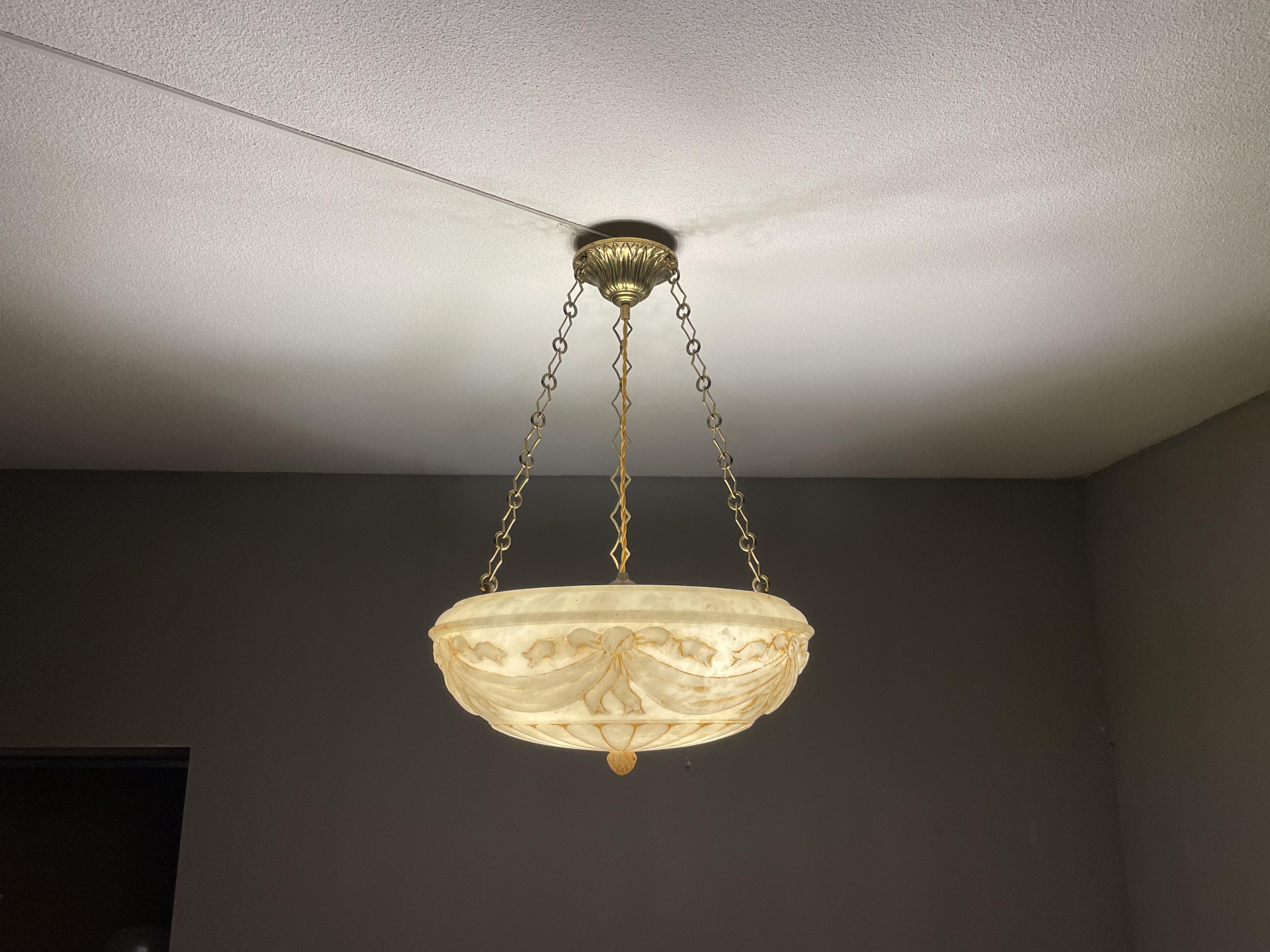 Large Hand Carved Antique Alabaster w. Bronze Canopy & Brass Chain Chandelier 13