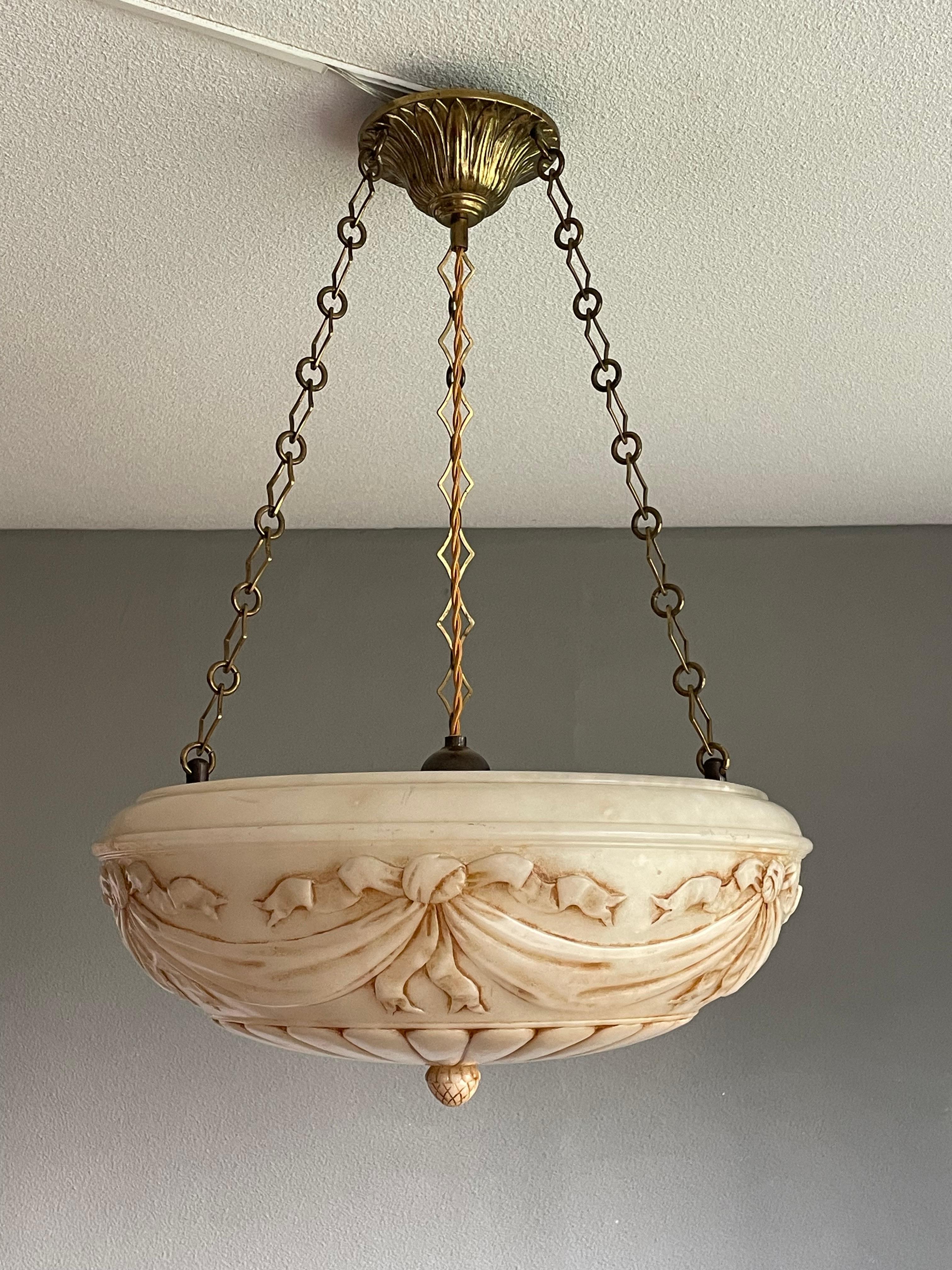 Classical Roman Large Hand Carved Antique Alabaster w. Bronze Canopy & Brass Chain Chandelier