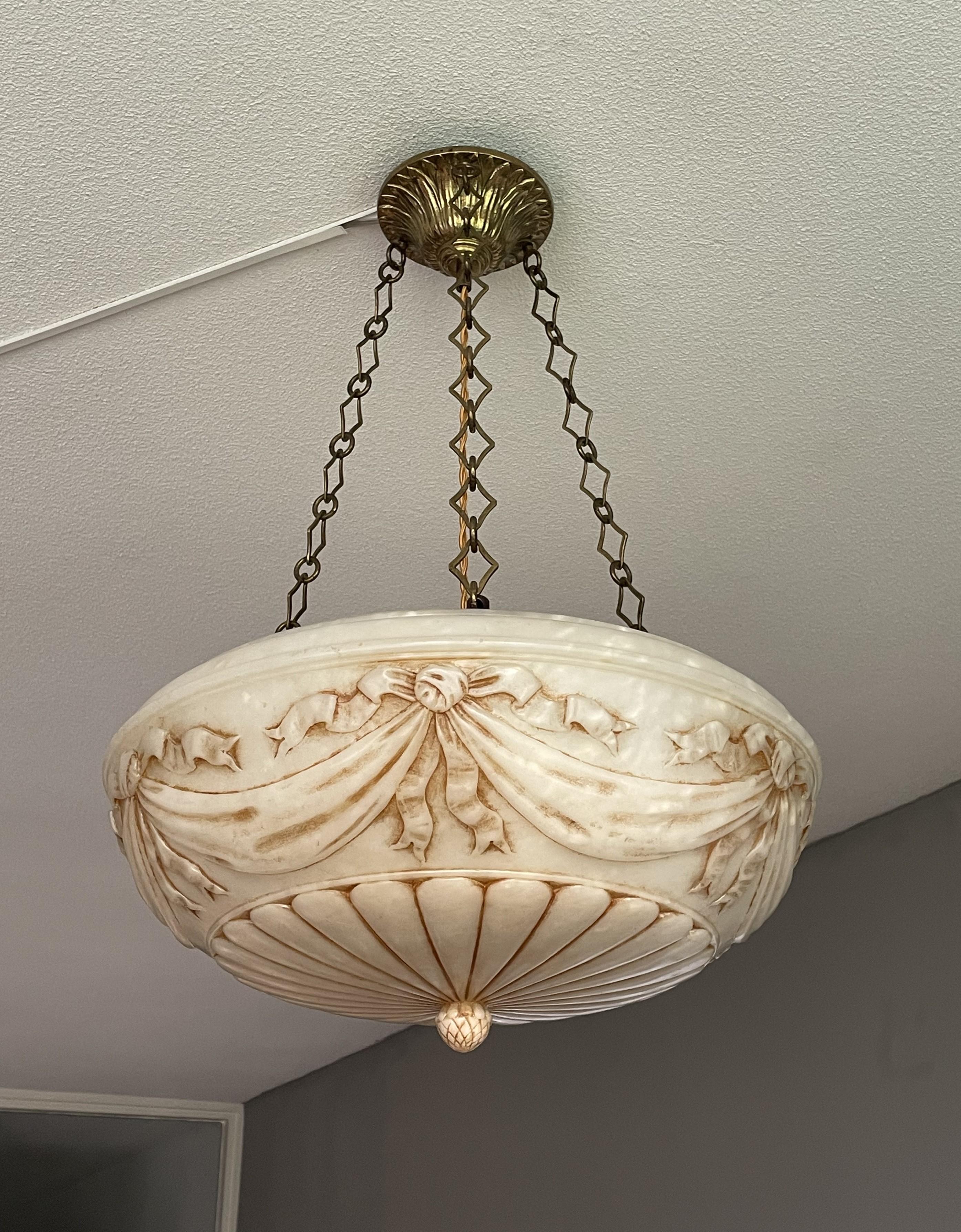 Italian Large Hand Carved Antique Alabaster w. Bronze Canopy & Brass Chain Chandelier