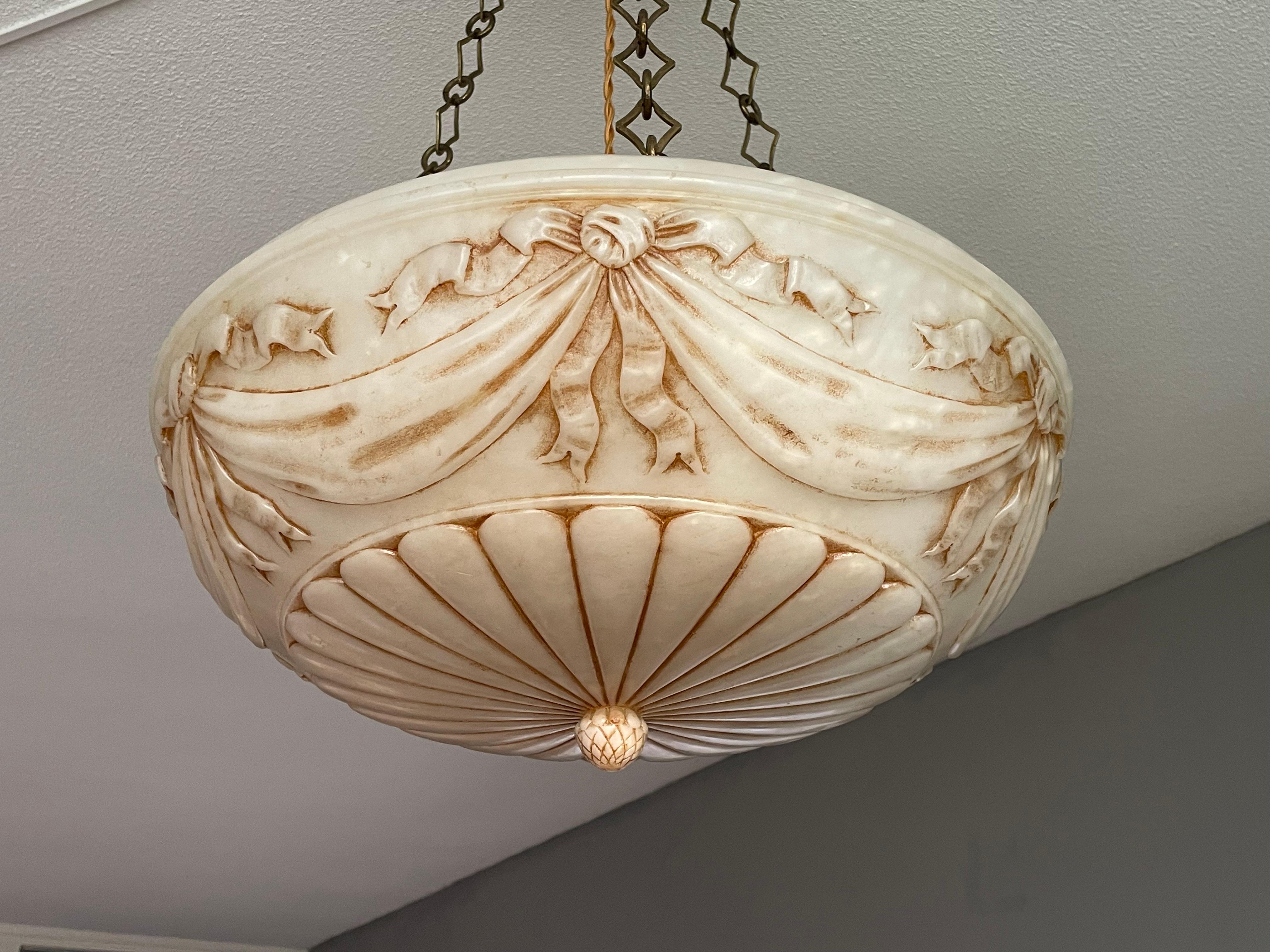 Hand-Carved Large Hand Carved Antique Alabaster w. Bronze Canopy & Brass Chain Chandelier