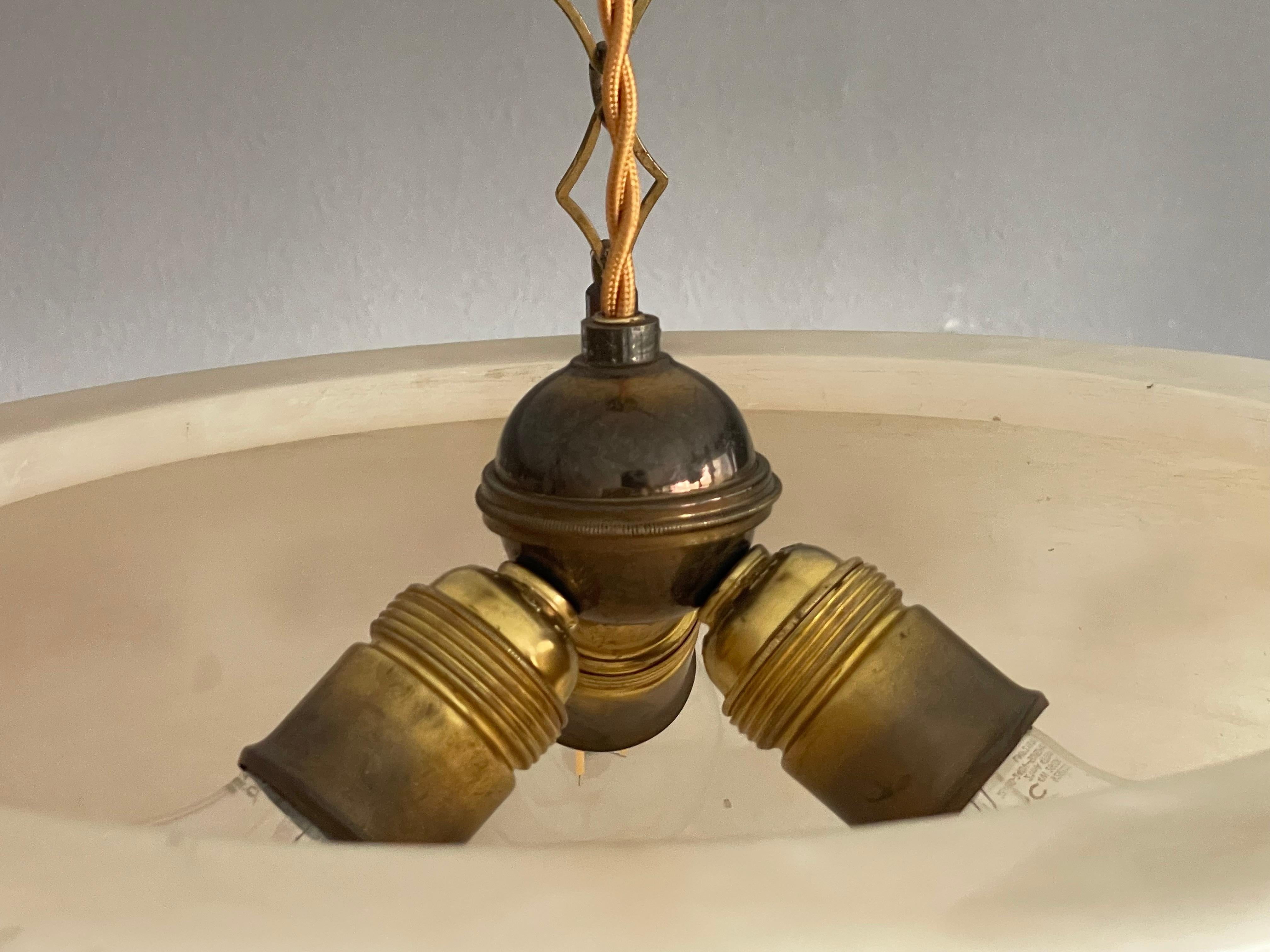 Large Hand Carved Antique Alabaster w. Bronze Canopy & Brass Chain Chandelier In Good Condition In Lisse, NL