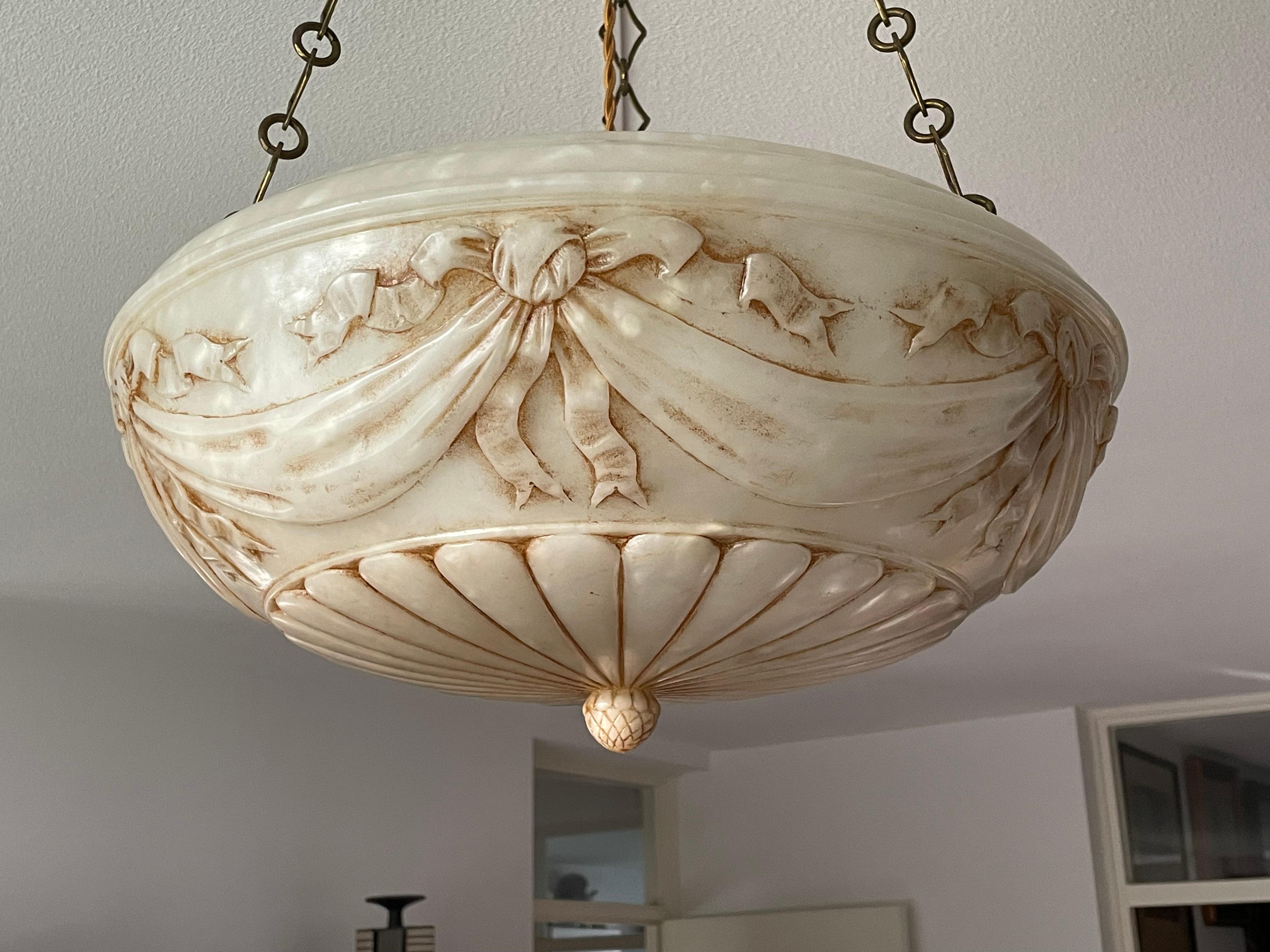 20th Century Large Hand Carved Antique Alabaster w. Bronze Canopy & Brass Chain Chandelier