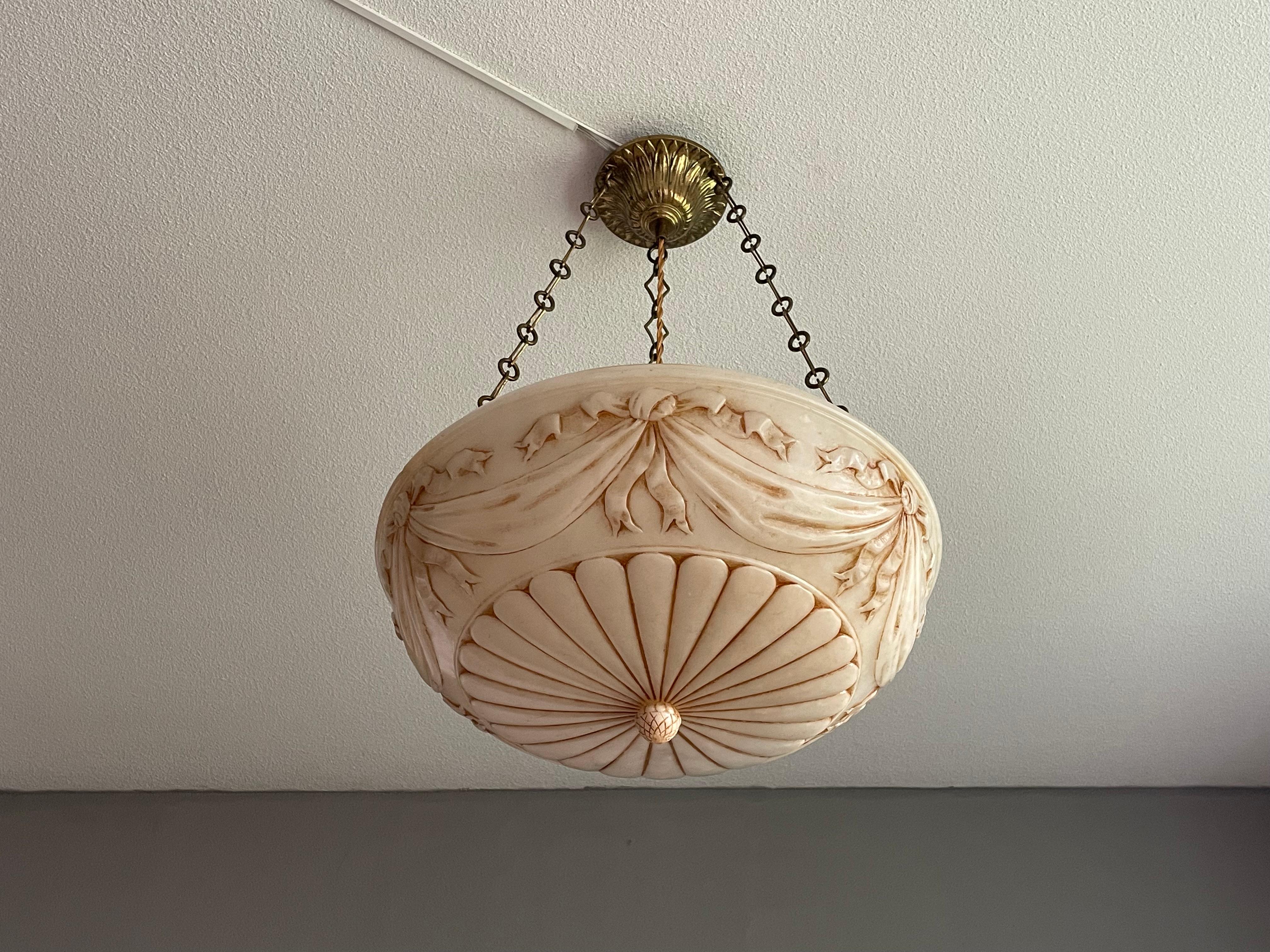 Large Hand Carved Antique Alabaster w. Bronze Canopy & Brass Chain Chandelier 2