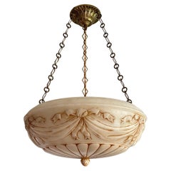 Large Hand Carved Antique Alabaster w. Bronze Canopy & Brass Chain Chandelier