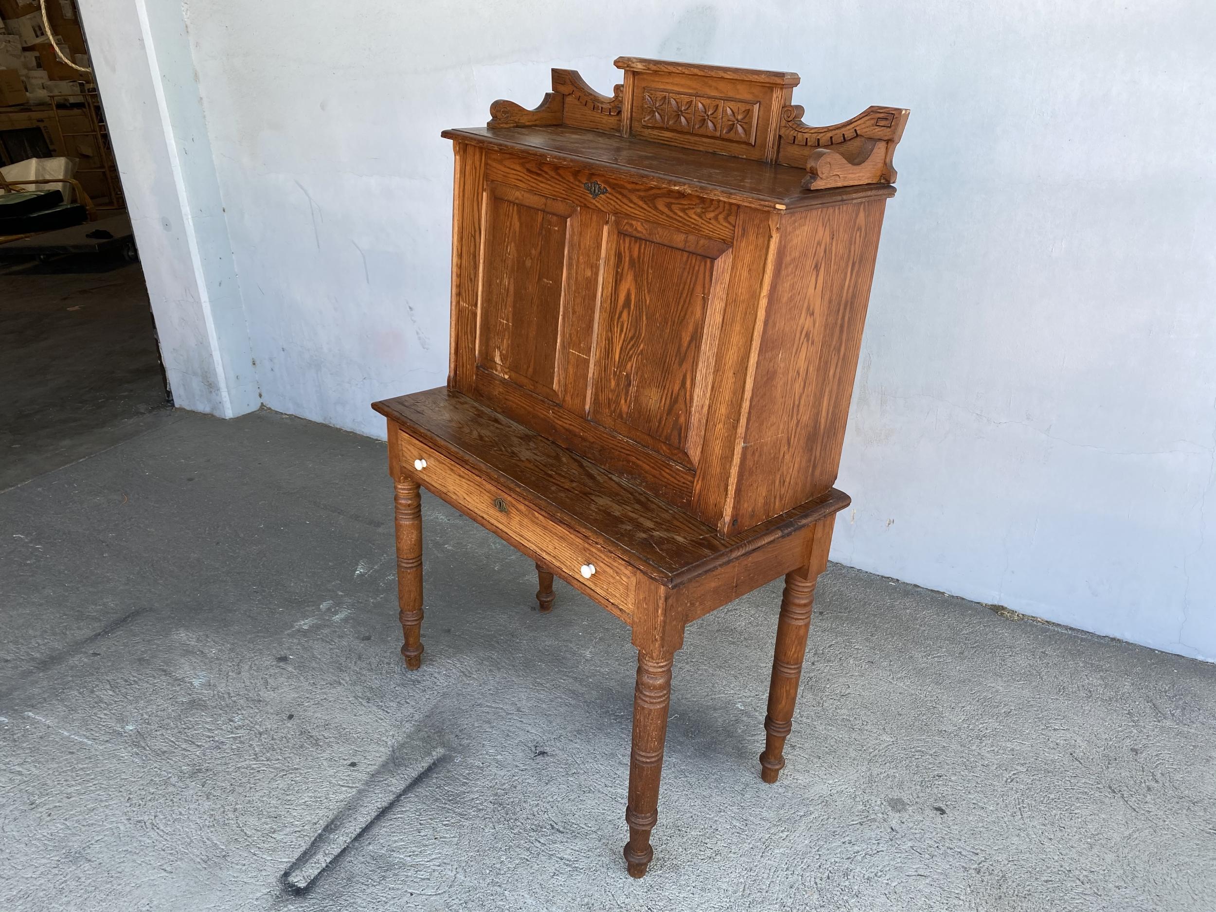 Wood Large Hand Carved Antique Edwardian Secretary Desk