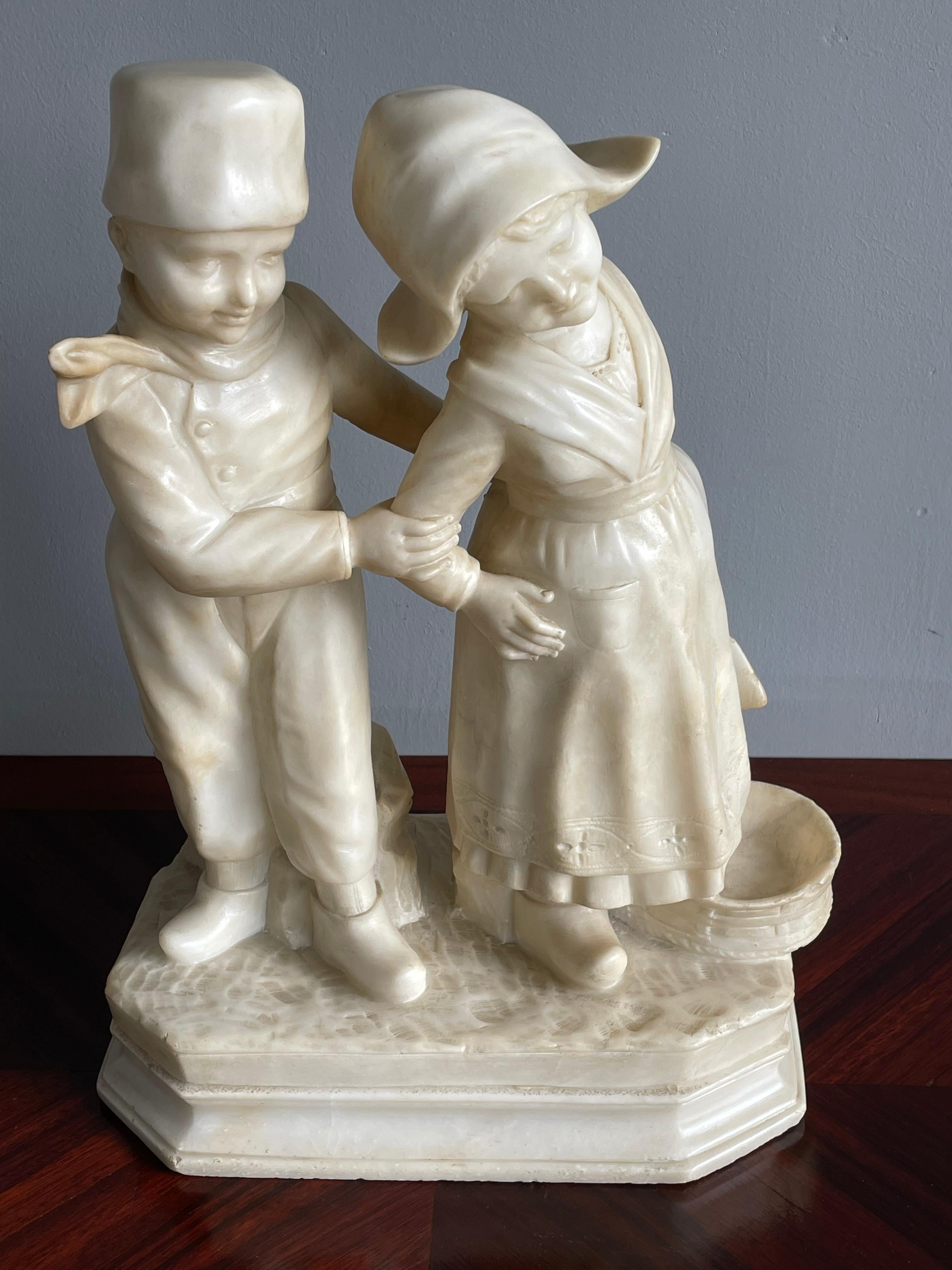 Large Hand Carved Antique Romantic Farmer Boy & Girl, Alabaster Statue Sculpture 1