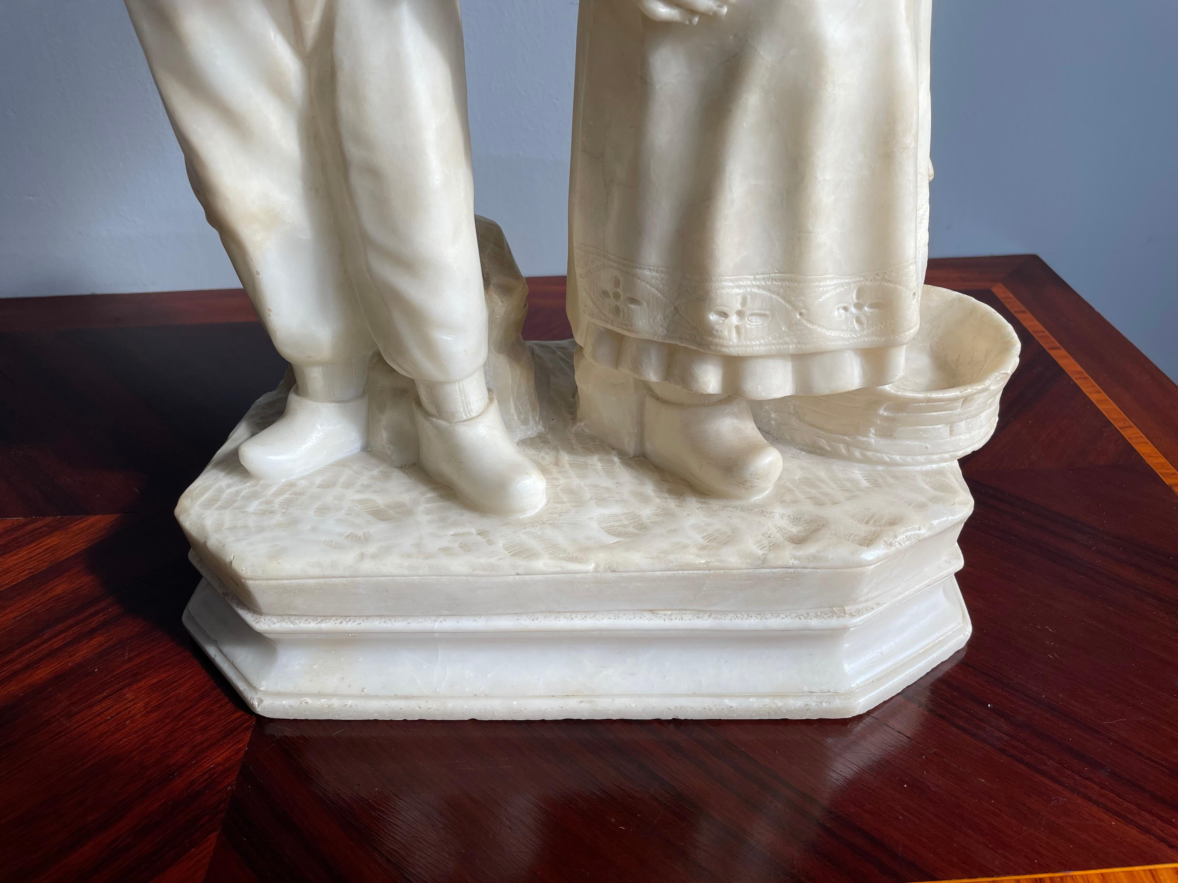 Large Hand Carved Antique Romantic Farmer Boy & Girl, Alabaster Statue Sculpture 2