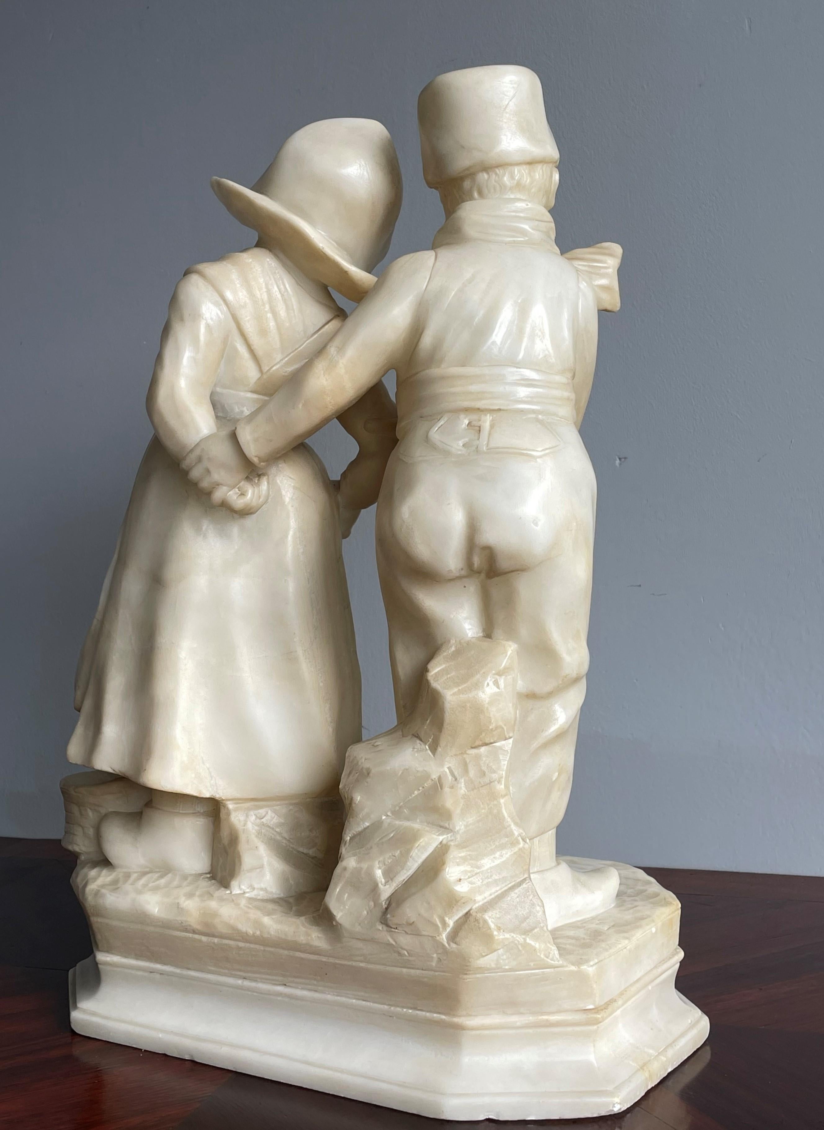 Large Hand Carved Antique Romantic Farmer Boy & Girl, Alabaster Statue Sculpture 3