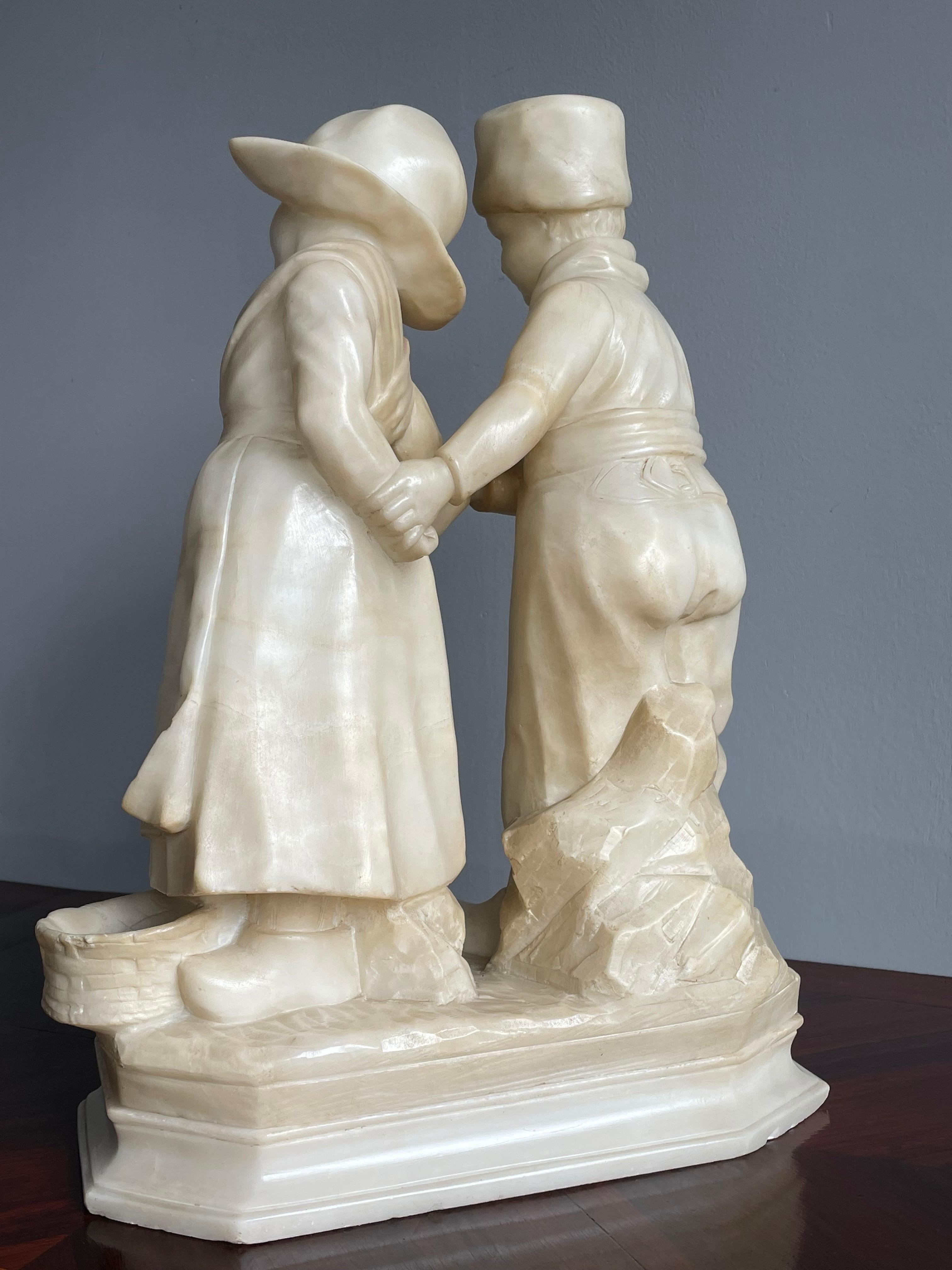 Large Hand Carved Antique Romantic Farmer Boy & Girl, Alabaster Statue Sculpture 4