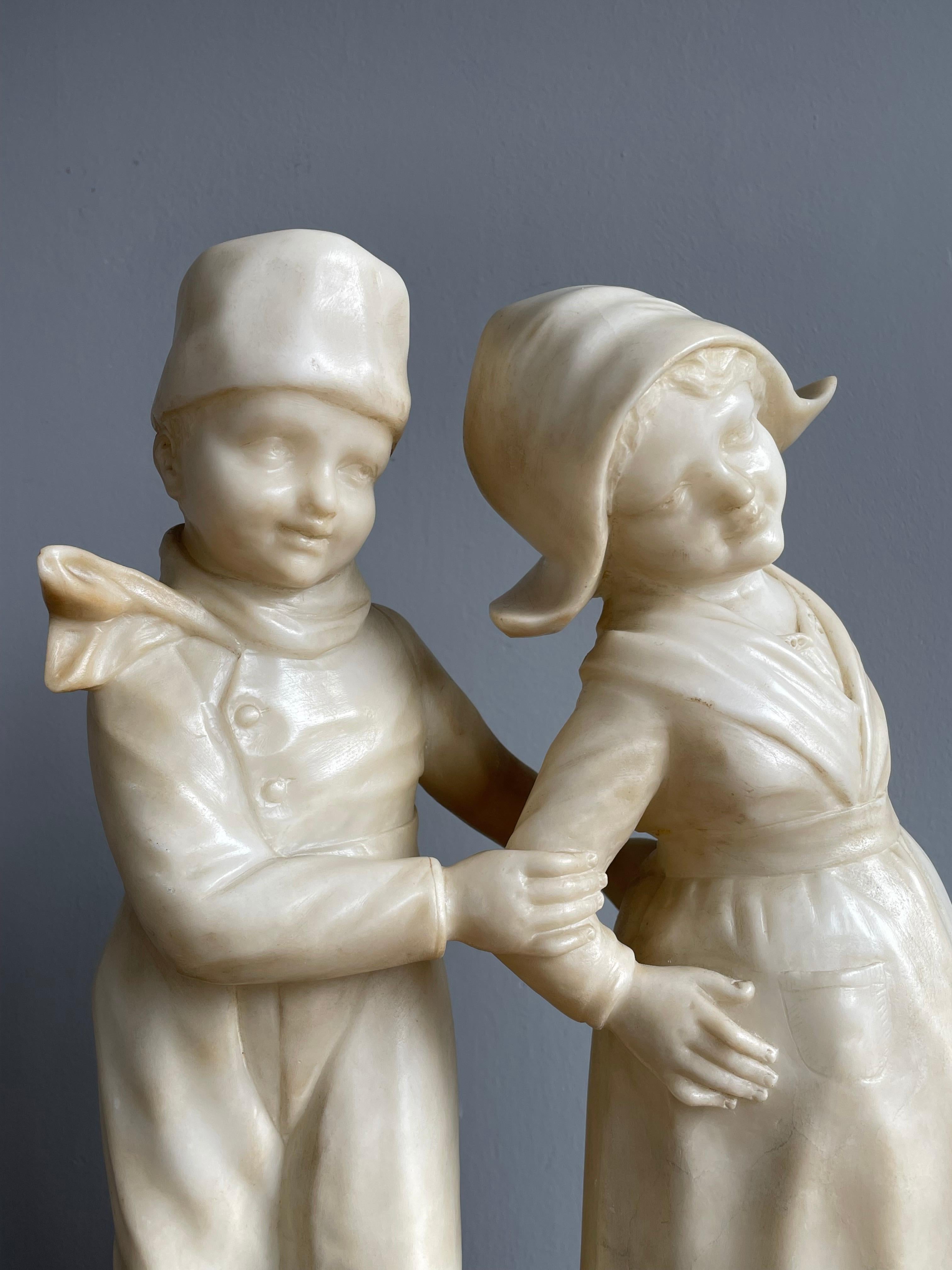 Large Hand Carved Antique Romantic Farmer Boy & Girl, Alabaster Statue Sculpture 7