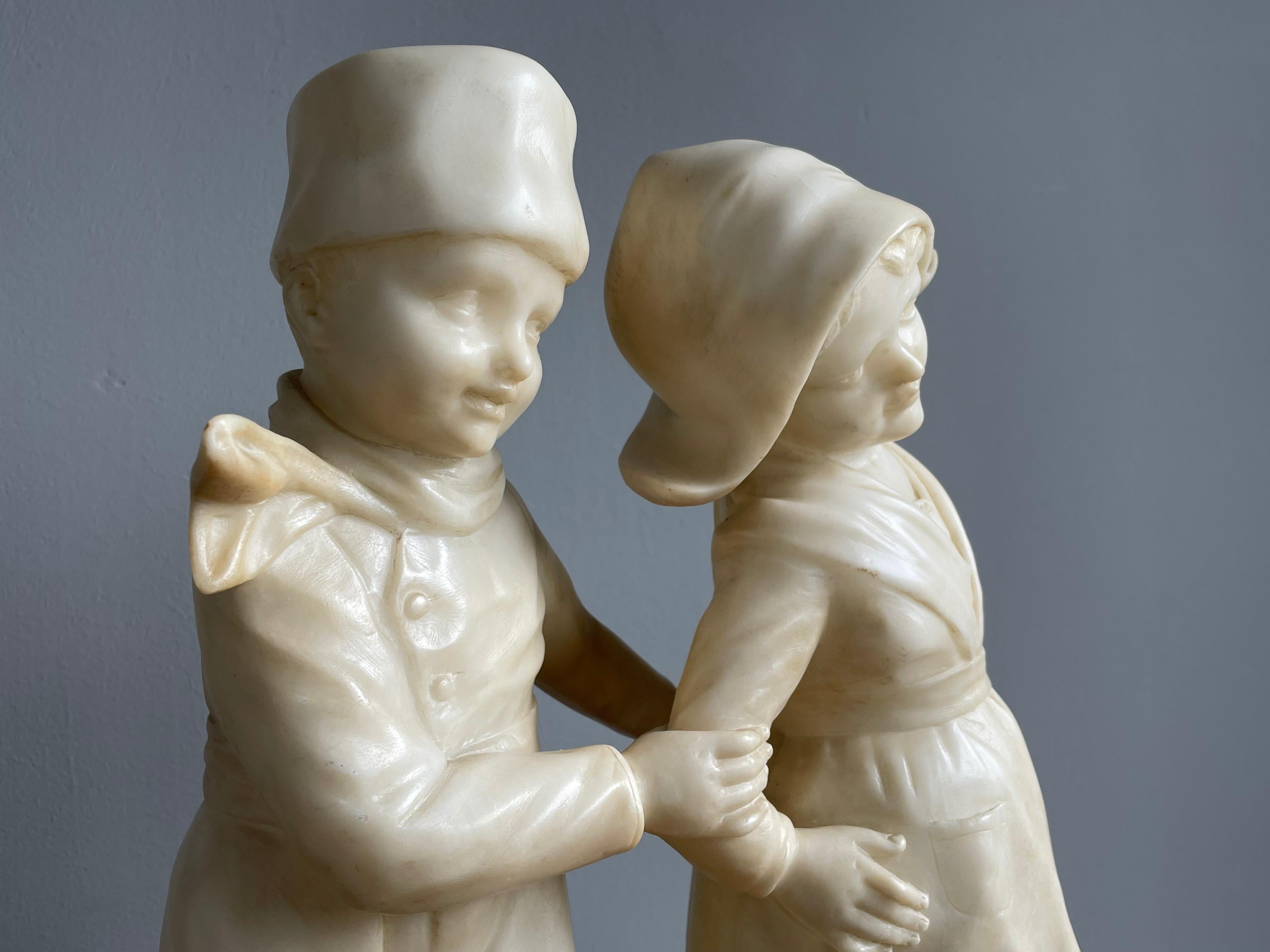 Unknown Large Hand Carved Antique Romantic Farmer Boy & Girl, Alabaster Statue Sculpture