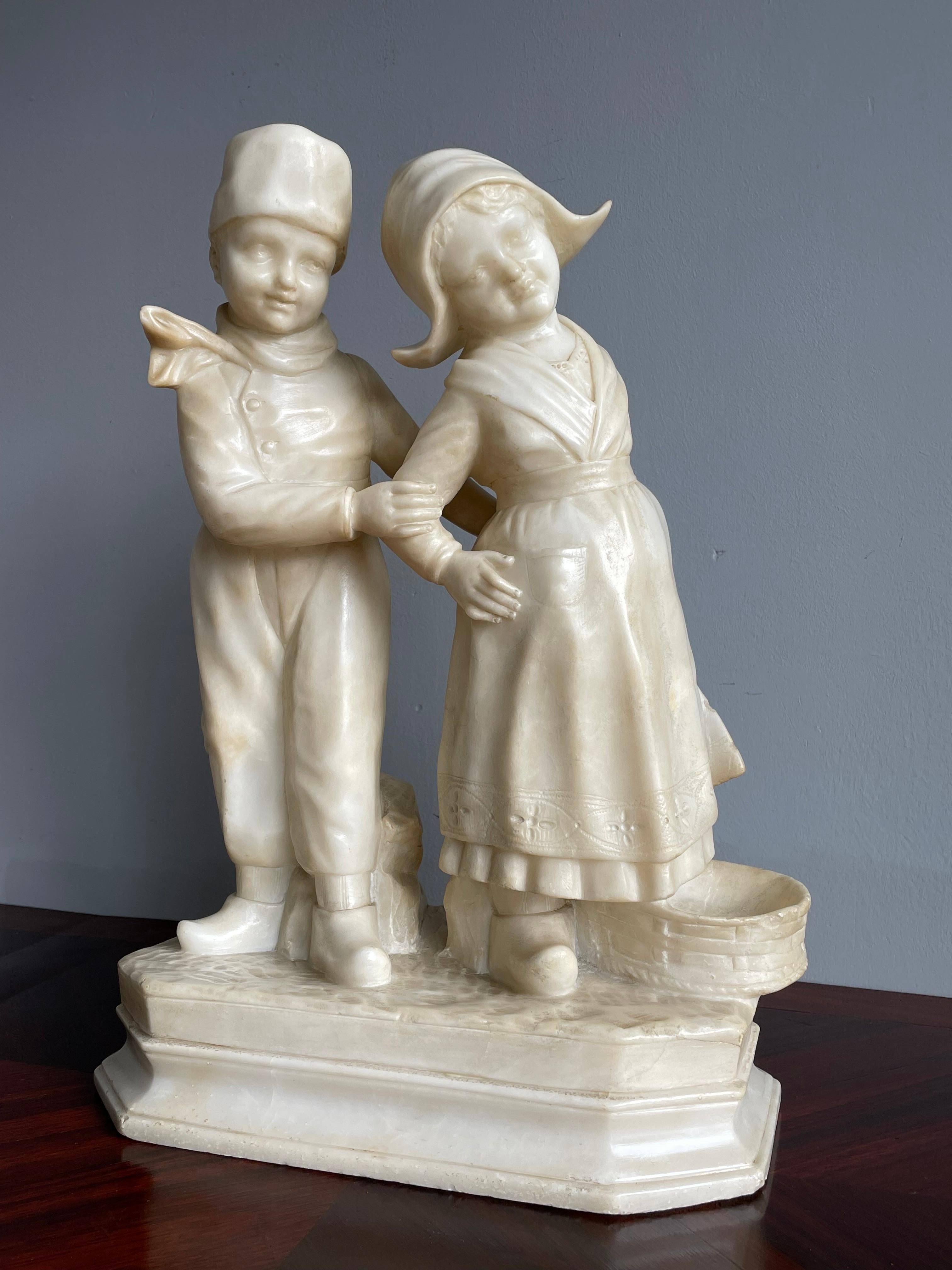 Hand-Carved Large Hand Carved Antique Romantic Farmer Boy & Girl, Alabaster Statue Sculpture