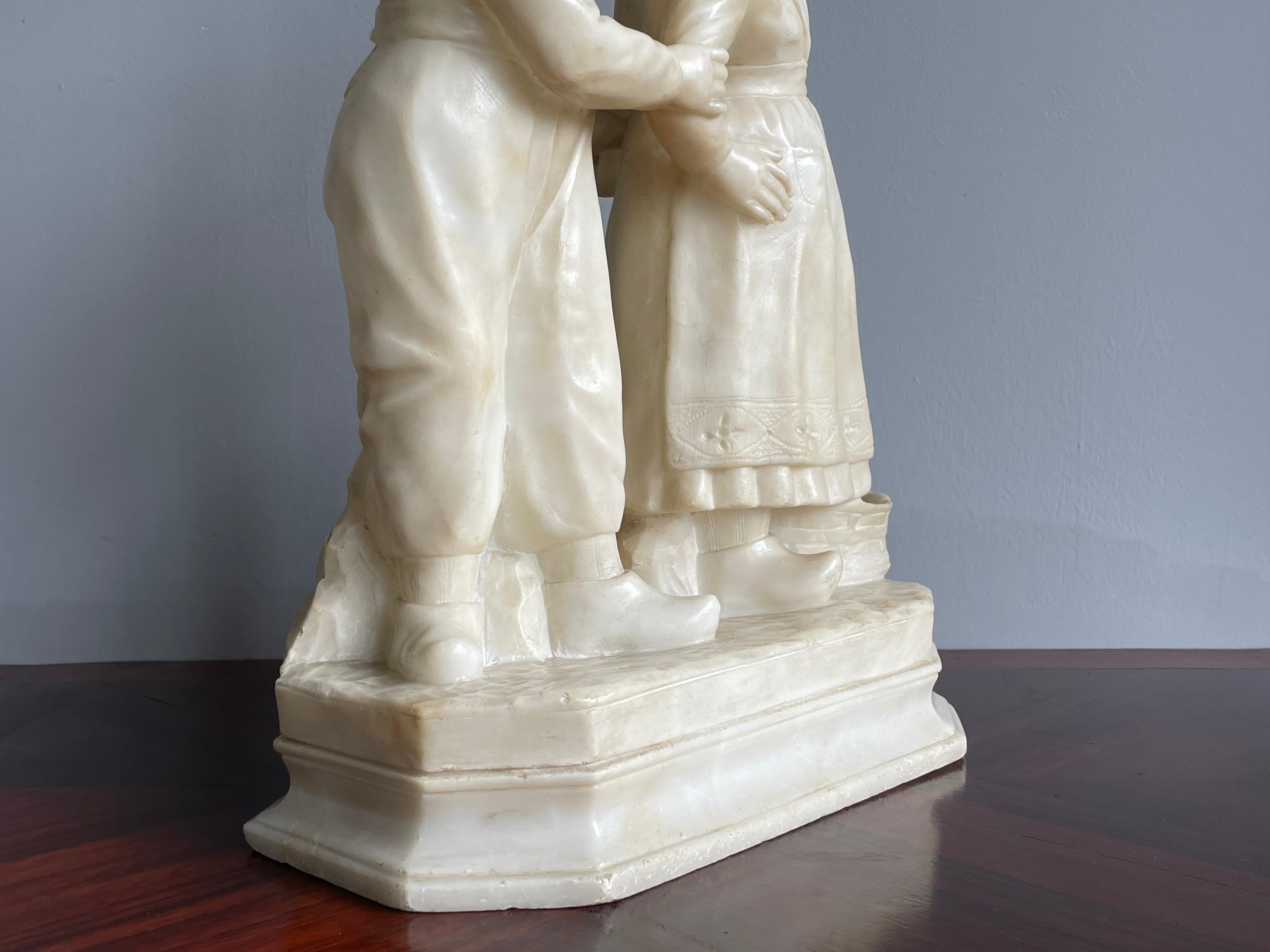 19th Century Large Hand Carved Antique Romantic Farmer Boy & Girl, Alabaster Statue Sculpture