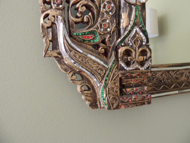 Large HandCarved Bejeweled Wood Wall Mirror For Sale at 1stDibs