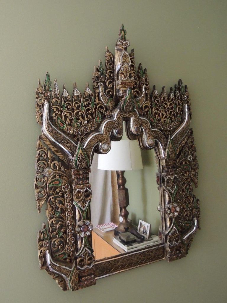Large HandCarved Bejeweled Wood Wall Mirror For Sale at 1stDibs