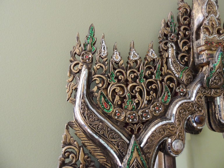 Large HandCarved Bejeweled Wood Wall Mirror For Sale at 1stDibs