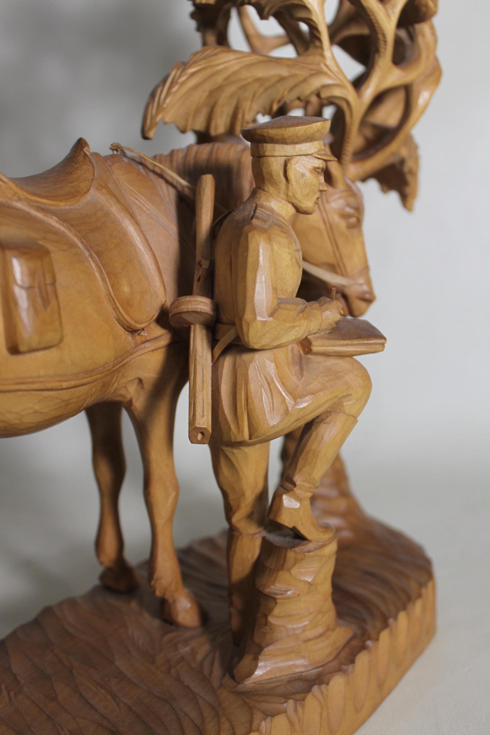 Large Hand Carved Black Forest Military Soldier & His Horse Under a Shade Tree For Sale 5