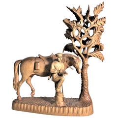 Large Hand Carved Black Forest Military Soldier & His Horse Under a Shade Tree