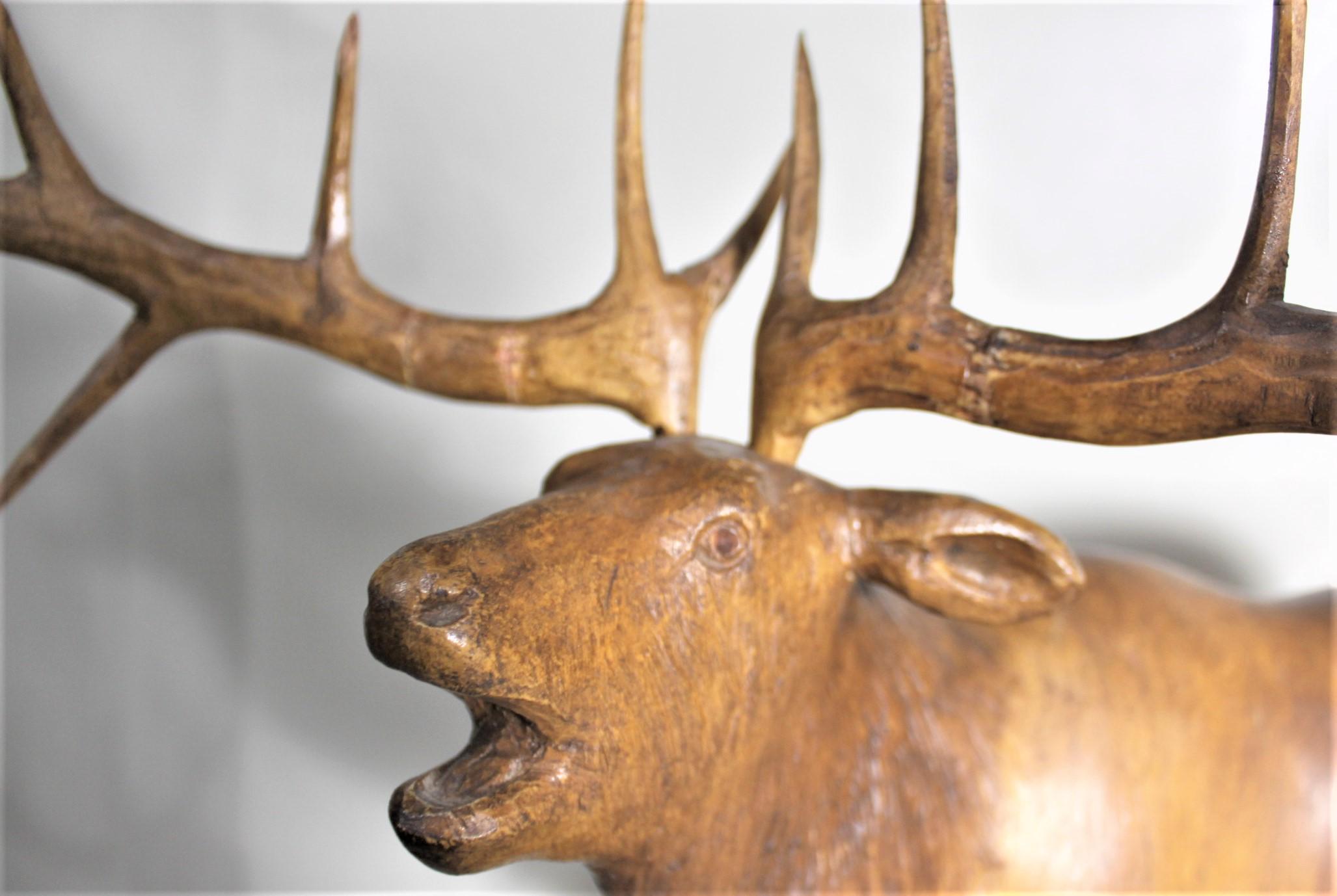 Softwood Large Hand Carved Black Forest Standing Stag Deer Sculpture with Huge Antlers For Sale