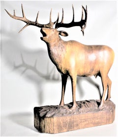 Large Hand Carved Black Forest Standing Stag Deer Sculpture with Huge Antlers