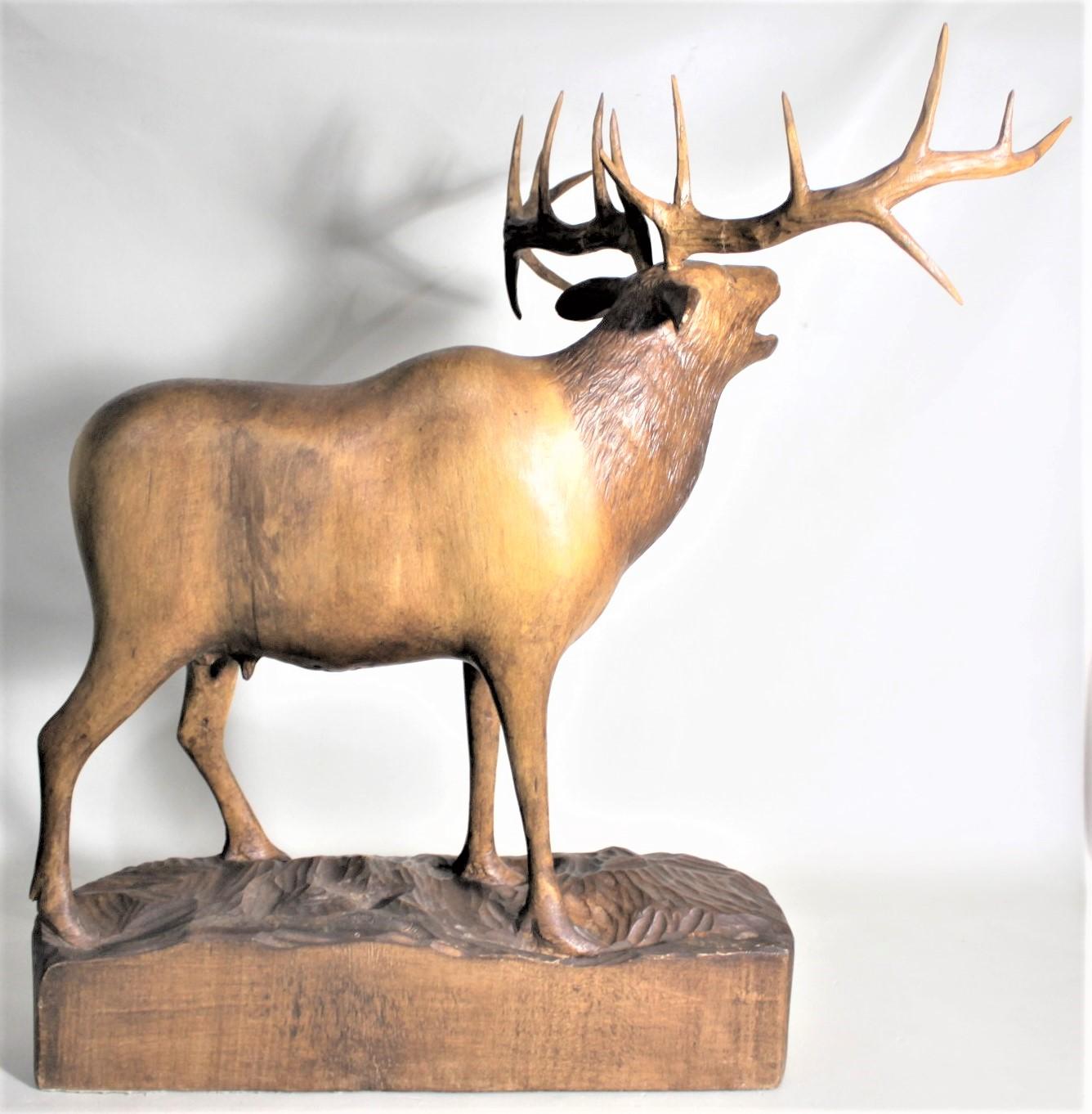 Hand-Carved Large Hand Carved Black Forest Standing Stag Deer Sculpture with Huge Antlers For Sale