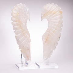 Large Hand Carved Brazilian Wings White Quartz Sculpture on Custom Acrylic Stand