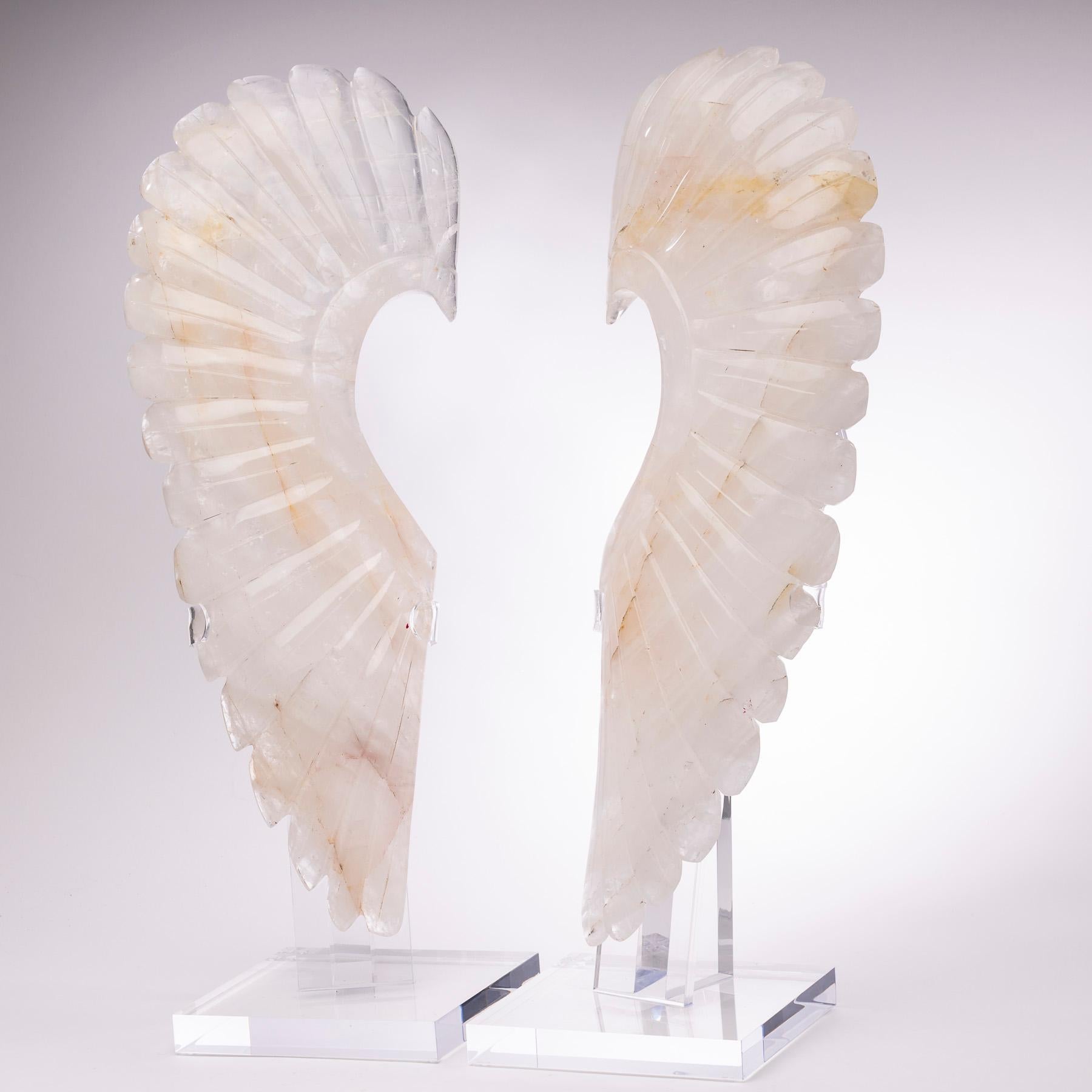 Organic Modern Large Hand Carved Brazilian Wings White Quartz Sculpture on Custom Acrylic Stand