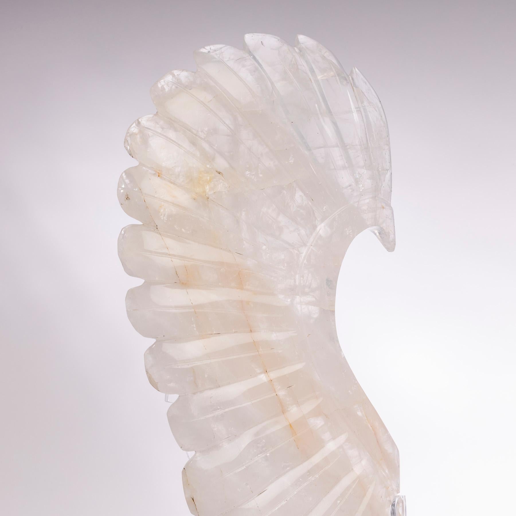Mexican Large Hand Carved Brazilian Wings White Quartz Sculpture on Custom Acrylic Stand