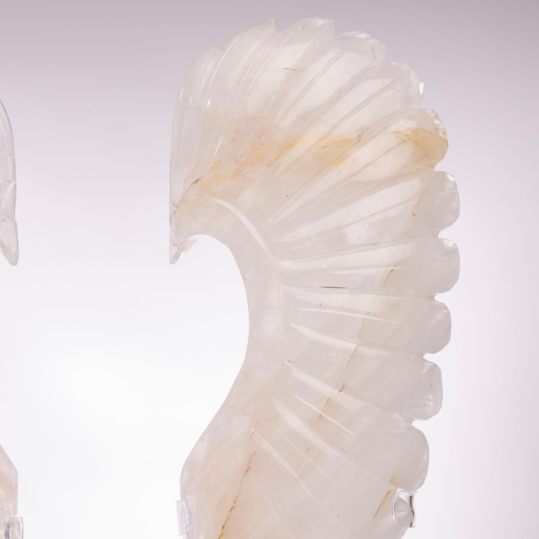 Large Hand Carved Brazilian Wings White Quartz Sculpture on Custom Acrylic Stand In New Condition In Polanco, CDMX