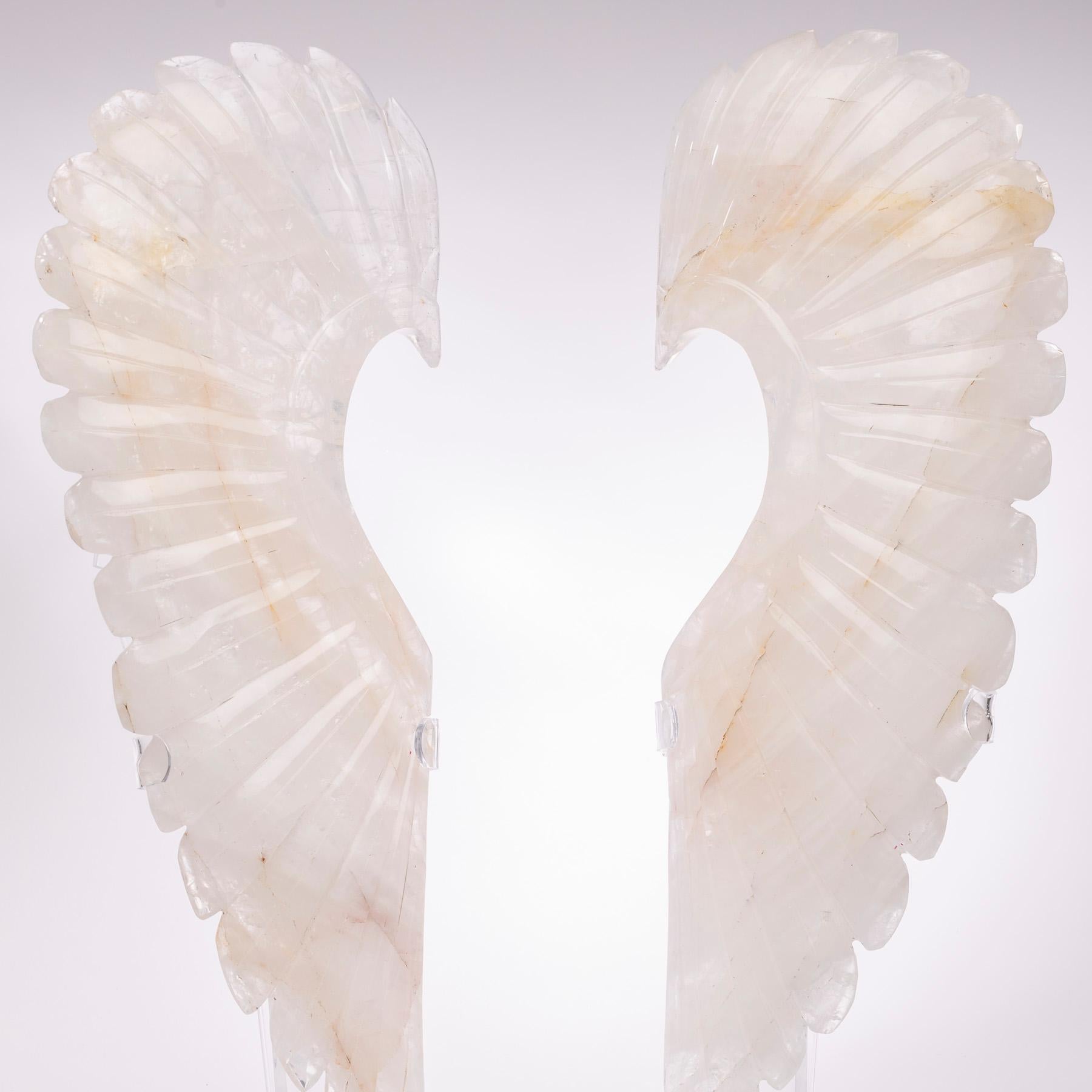 Contemporary Large Hand Carved Brazilian Wings White Quartz Sculpture on Custom Acrylic Stand