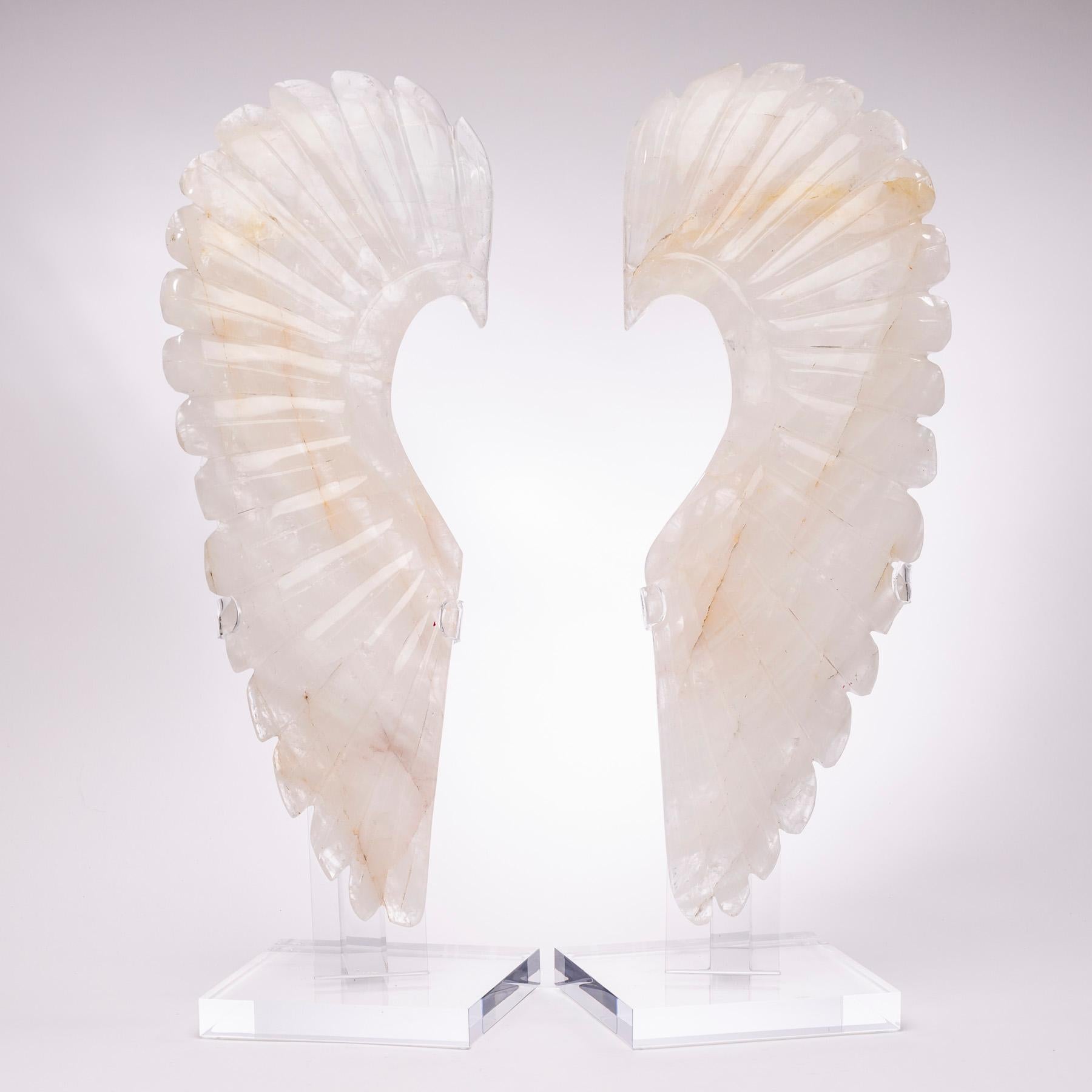 Large Hand Carved Brazilian Wings White Quartz Sculpture on Custom Acrylic Stand 1