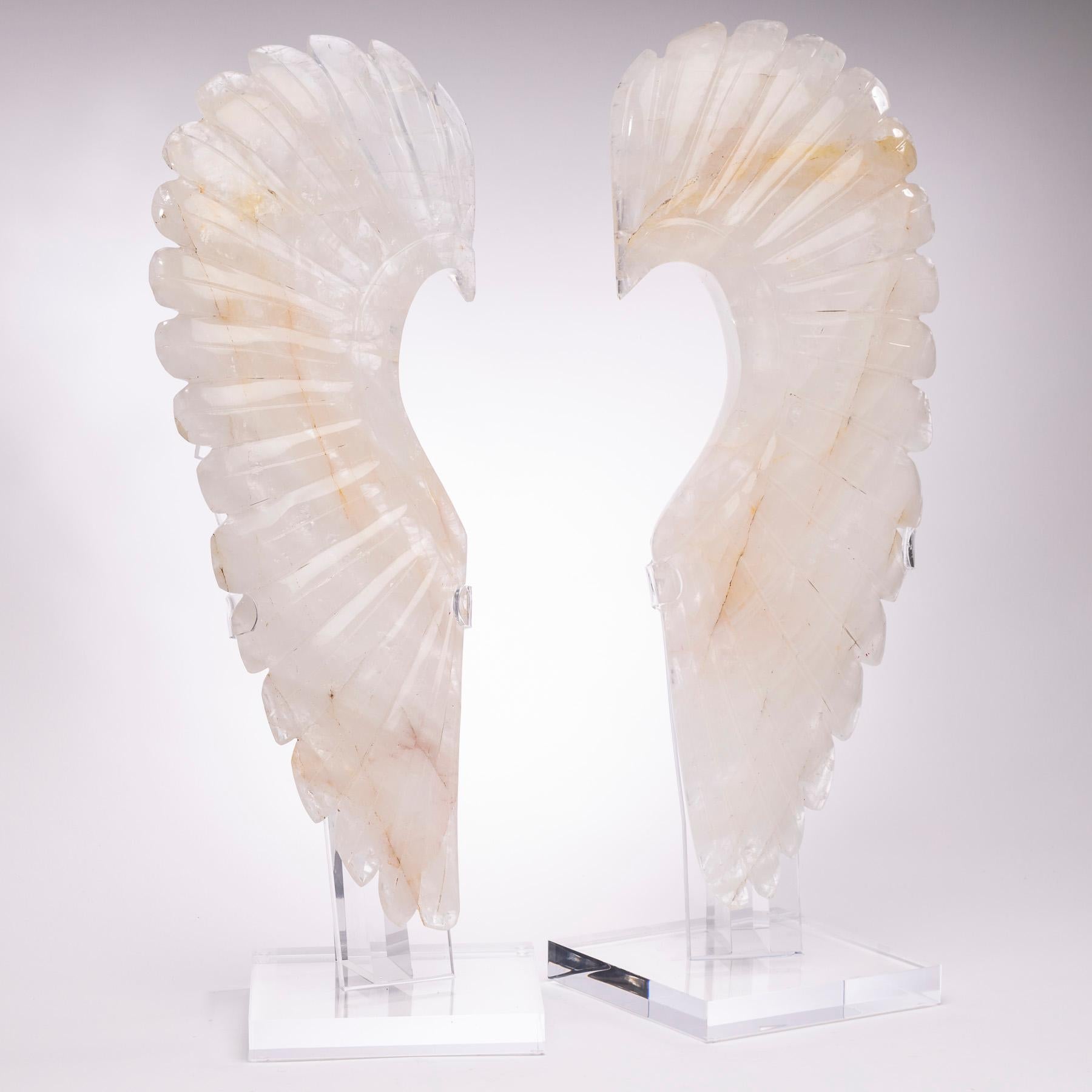 Large Hand Carved Brazilian Wings White Quartz Sculpture on Custom Acrylic Stand 2