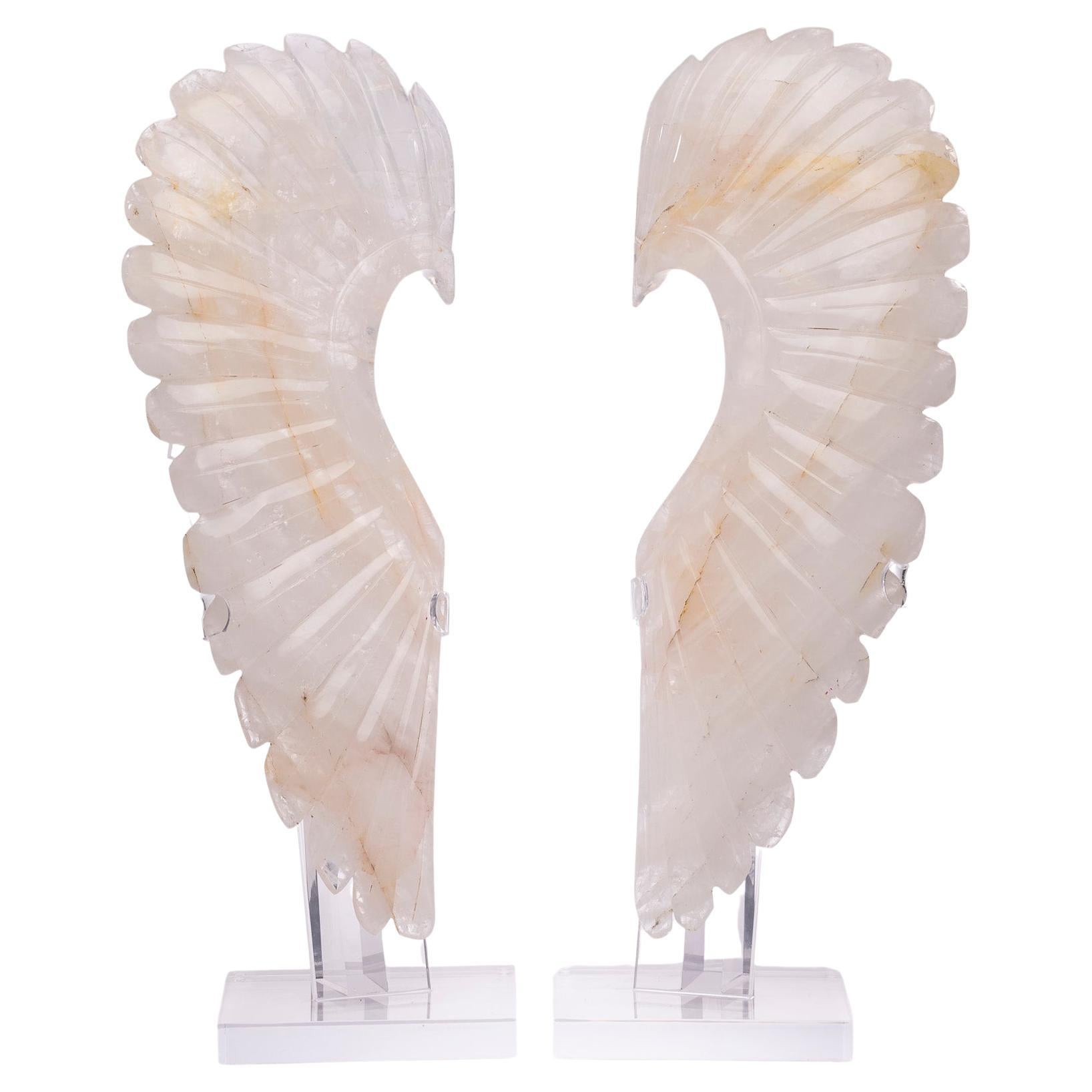 Large Hand Carved Brazilian Wings White Quartz Sculpture on Custom Acrylic Stand