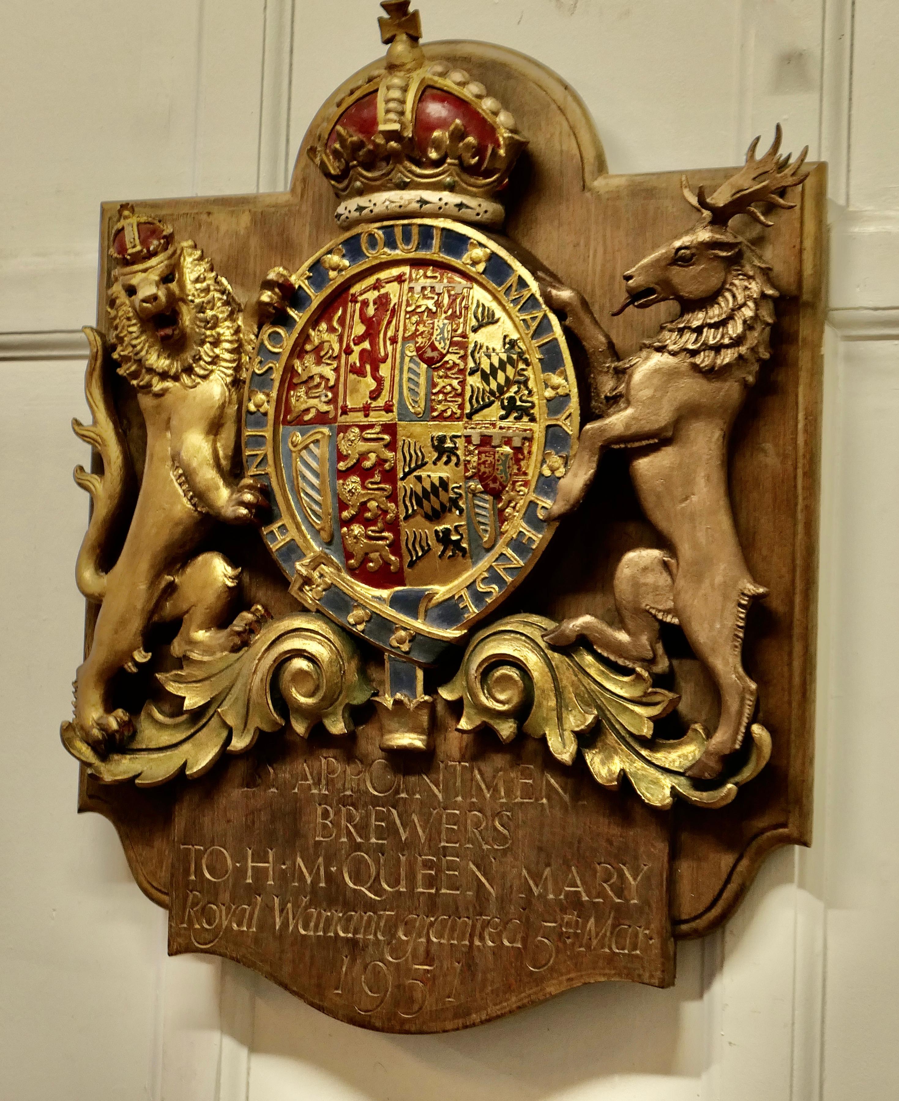 20th Century Large Hand Carved British Royal Coat of Arms Brewers Wall Plaque For Sale