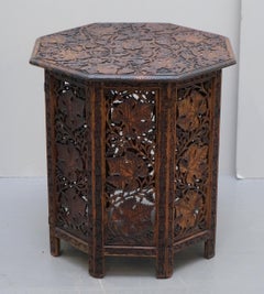 Large Hand Carved Burmese Hardwood Antique Octagonal Side End Lamp Wine Table