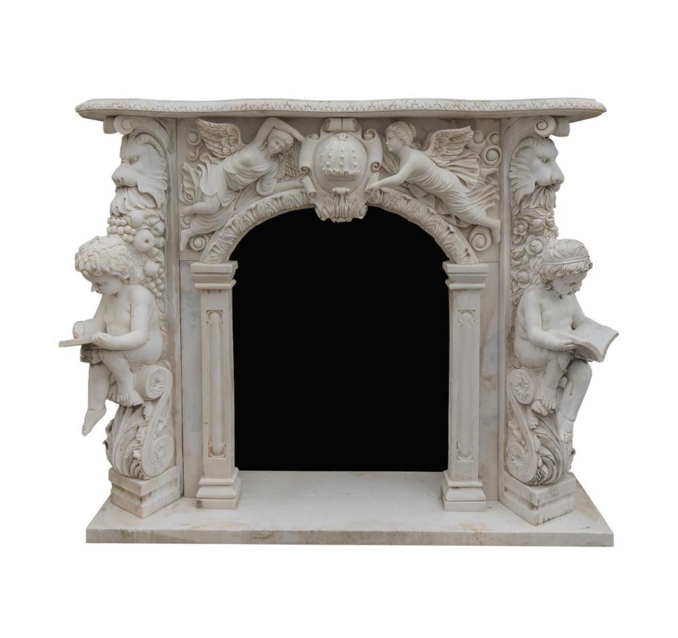 Elegant and finely detailed fireplace mantel crafted from white Carrara marble, hand-carved in Italy with intricate classical motifs and sculptural elements. This substantial piece reflects the artistry and refinement typical of traditional Italian