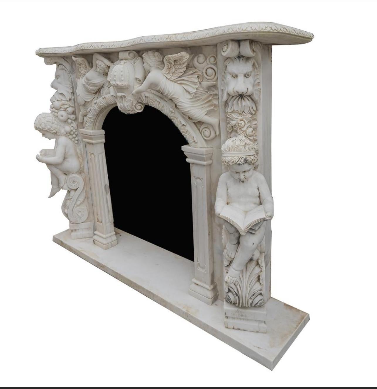 Large Hand-Carved Carrara Marble Fireplace Mantel, Italy, 20th Century In Good Condition For Sale In Madrid, ES