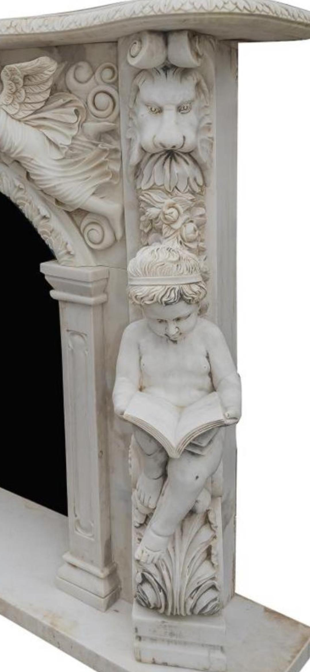 Mid-20th Century Large Hand-Carved Carrara Marble Fireplace Mantel, Italy, 20th Century For Sale