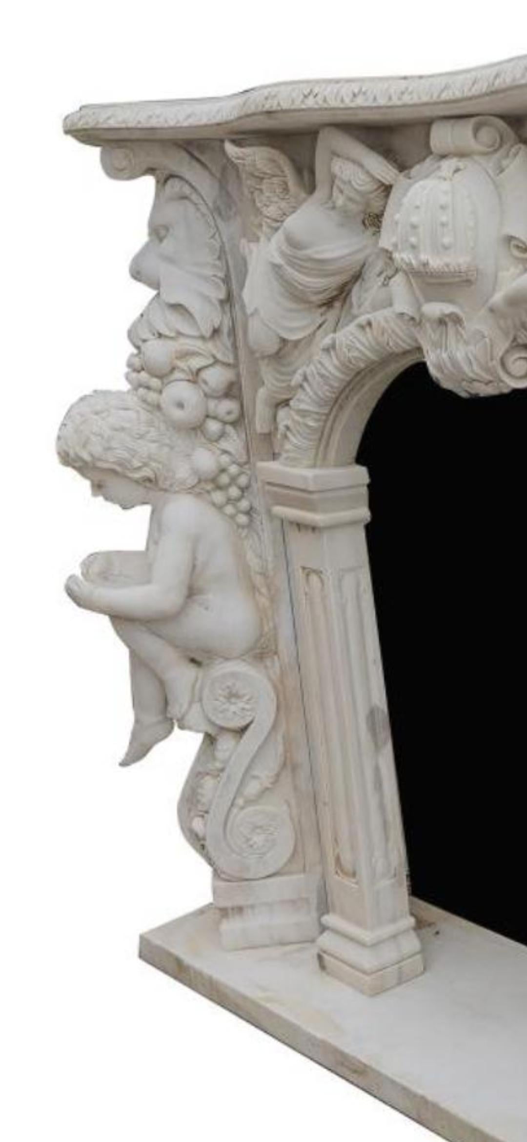 Large Hand-Carved Carrara Marble Fireplace Mantel, Italy, 20th Century For Sale 1