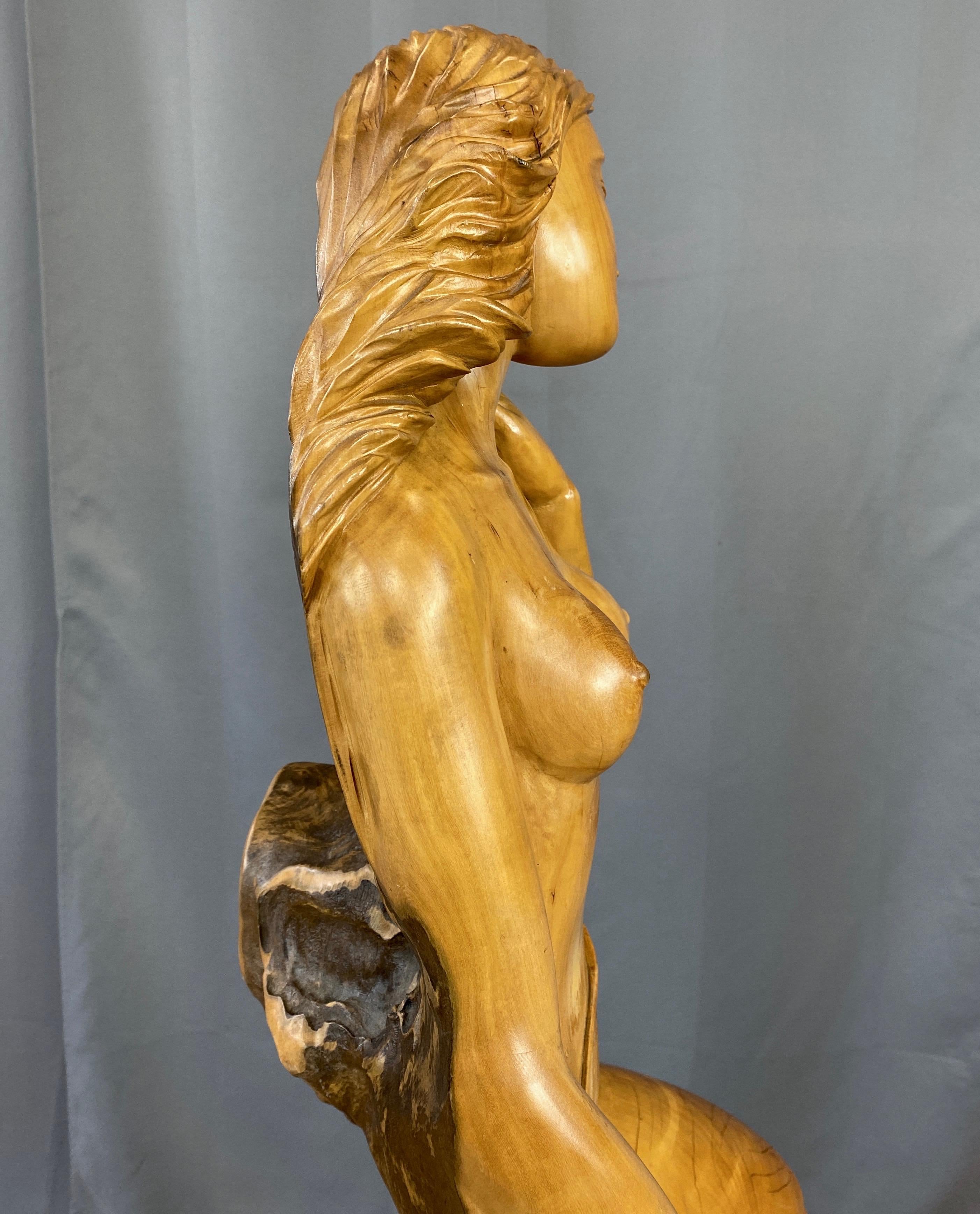 Large Hand-Carved Cypress Knee Figural Sculpture After Botticelli's Venus, 1970s For Sale 1