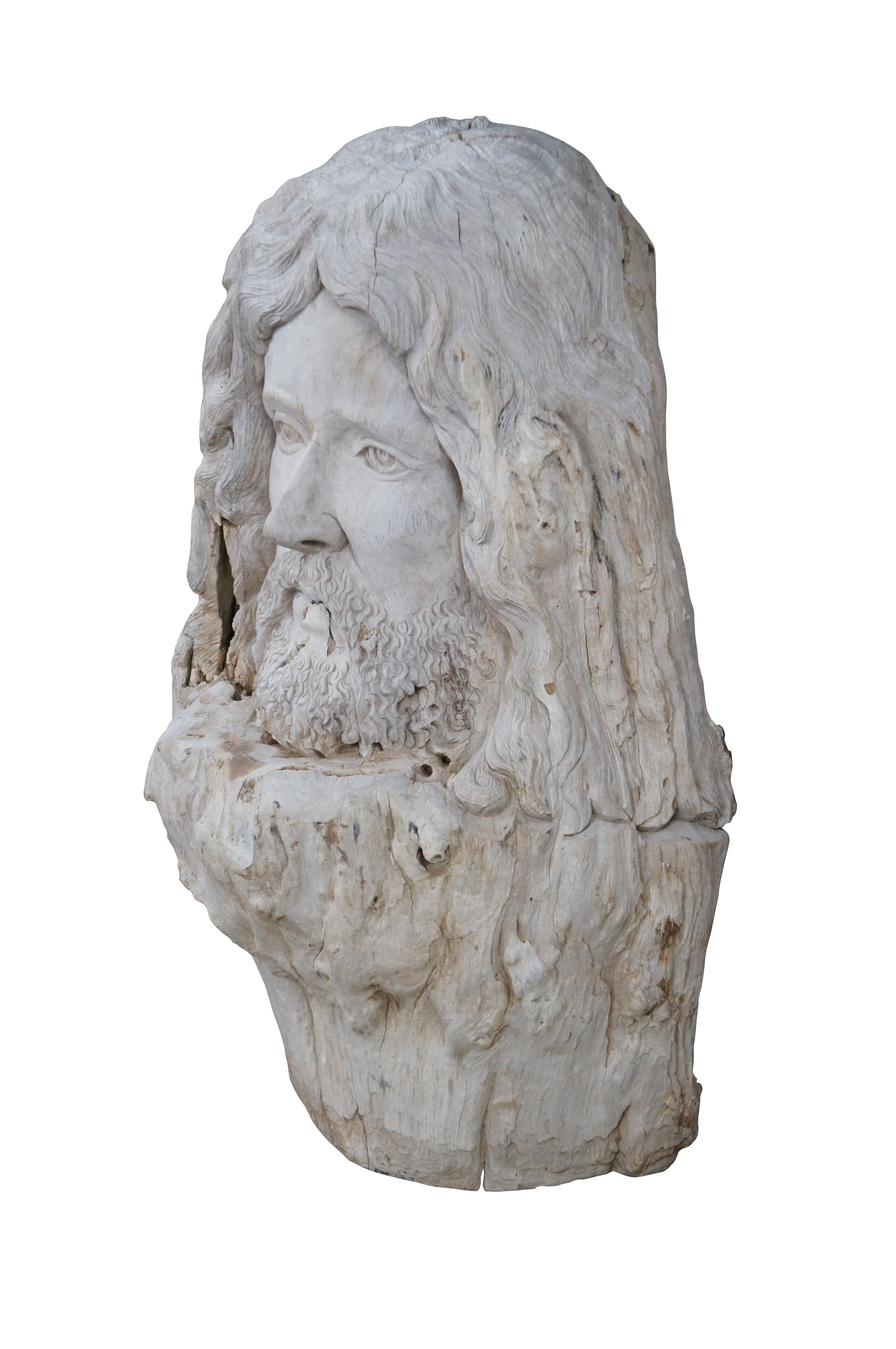 Rustique Grande sculpture en bois flotté sculptée à la main Zues Bust Statue Greek Roman Mythology 29